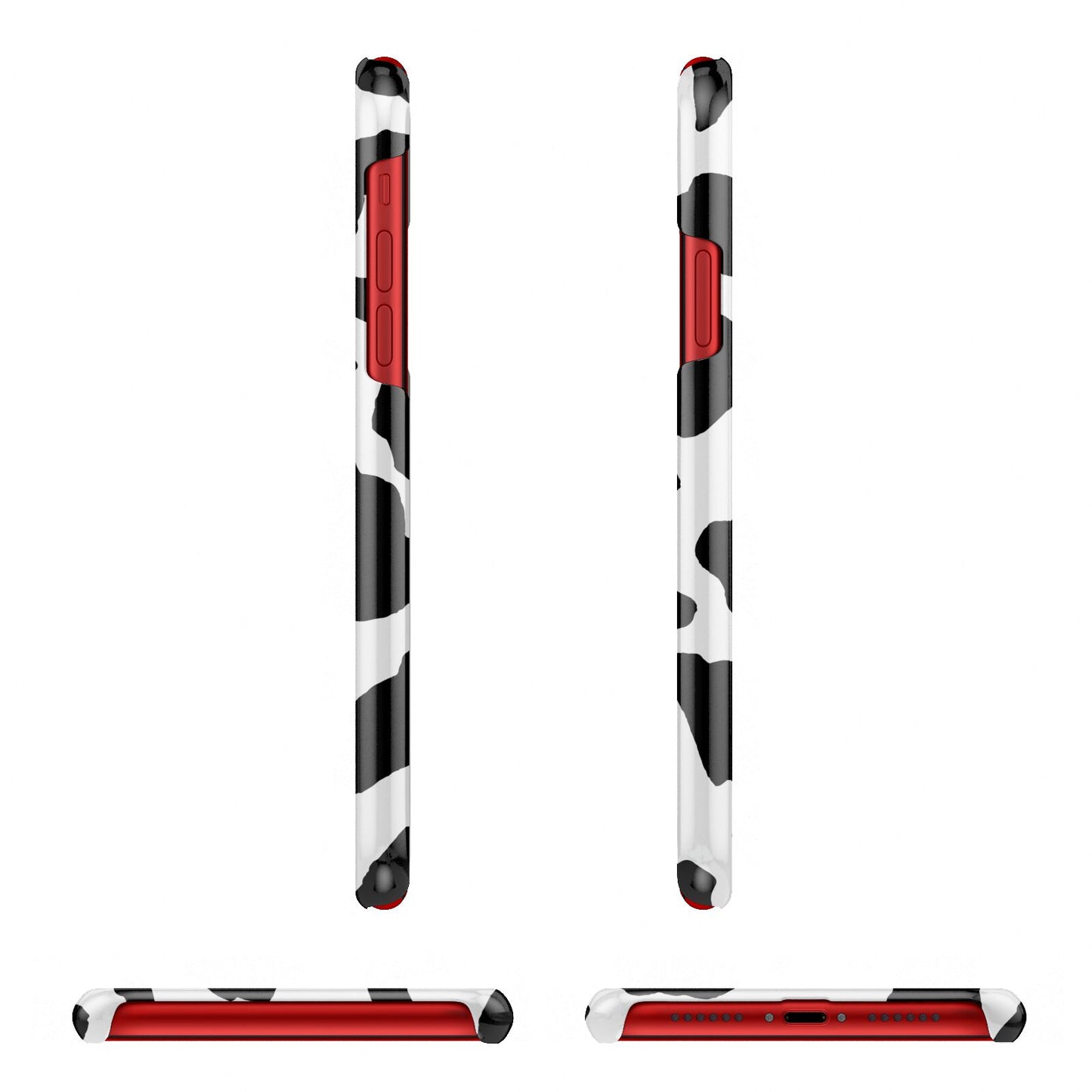 Black and White Cow Print Apple iPhone XR 3D Wrap Snap Case Angled Images on Red Phone