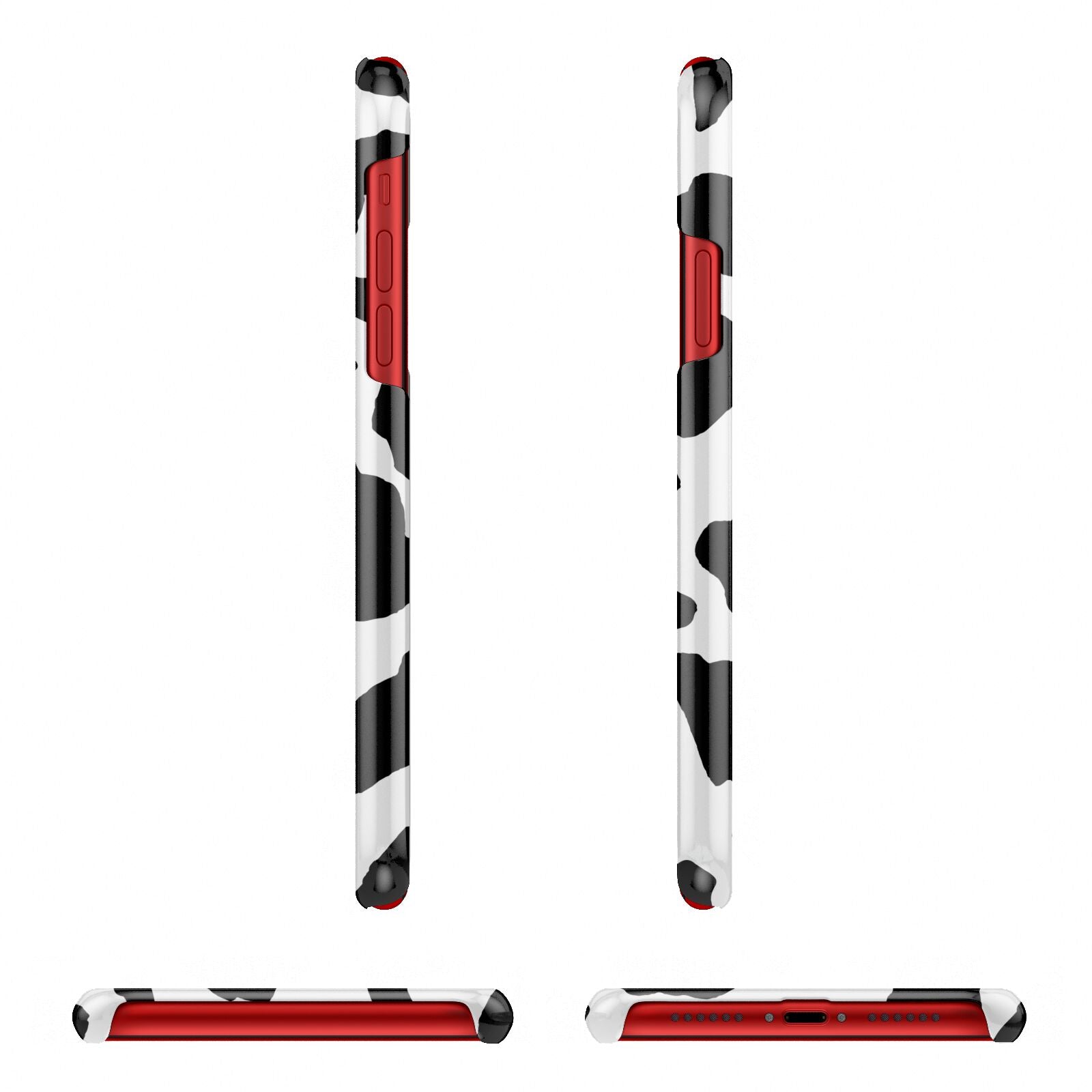 Black and White Cow Print Apple iPhone XR 3D Wrap Snap Case Angled Images on Red Phone