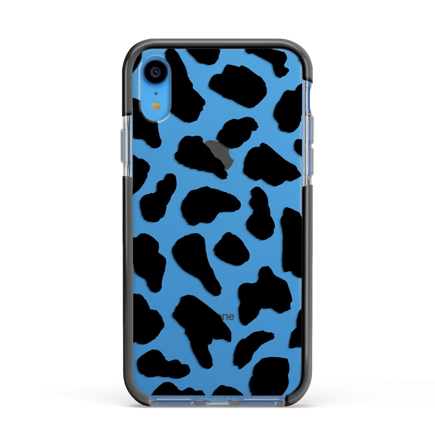Black and White Cow Print Apple iPhone XR Impact Case Black Edge on Blue Phone