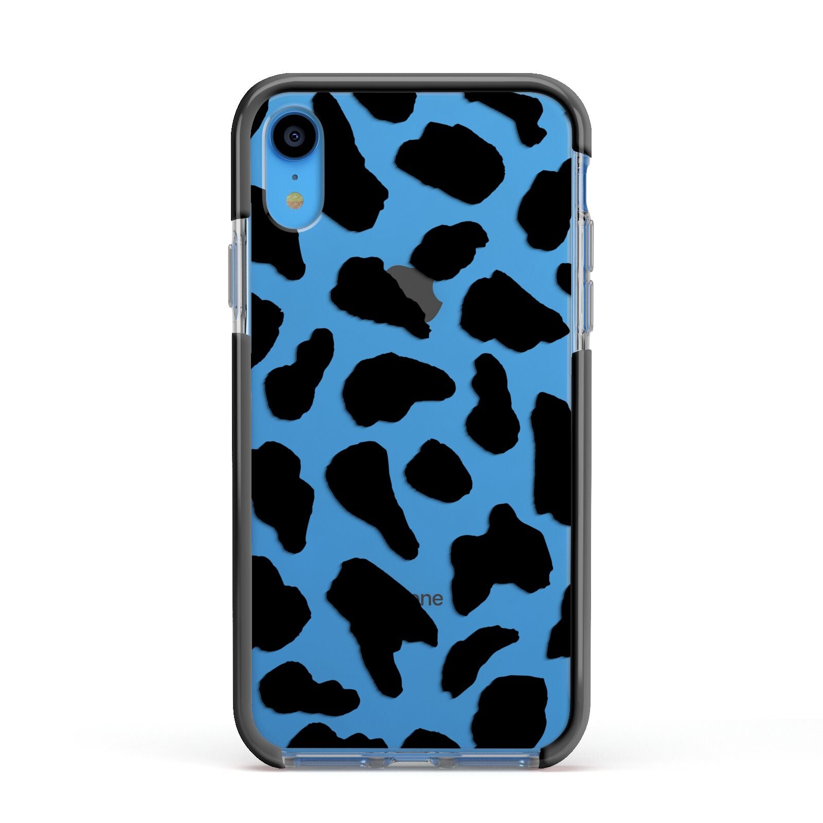 Black and White Cow Print Apple iPhone XR Impact Case Black Edge on Blue Phone