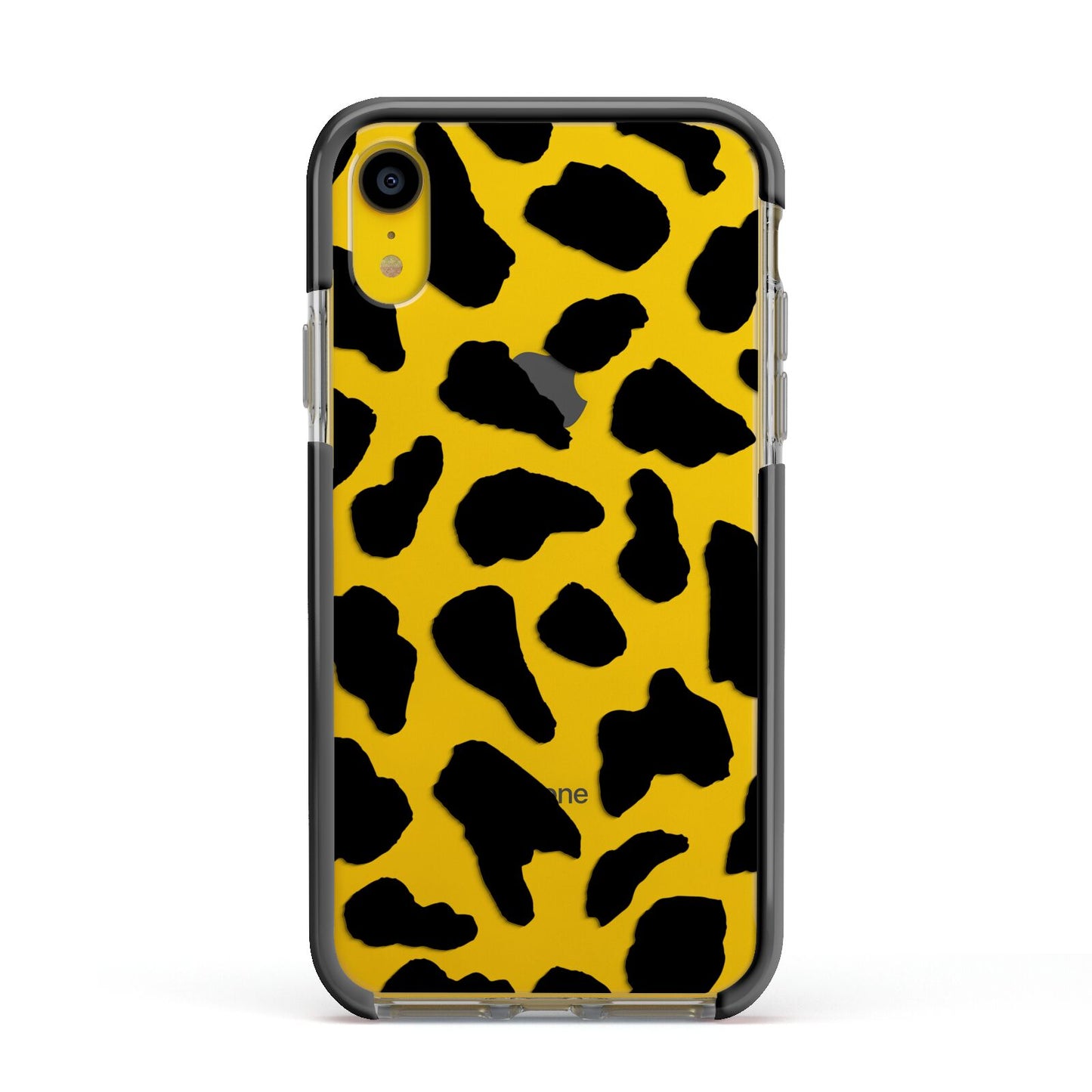 Black and White Cow Print Apple iPhone XR Impact Case Black Edge on Yellow Phone