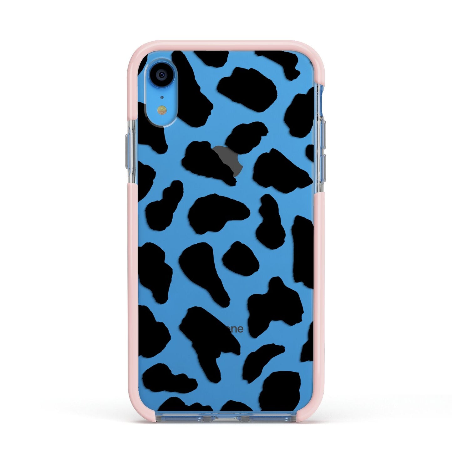 Black and White Cow Print Apple iPhone XR Impact Case Pink Edge on Blue Phone
