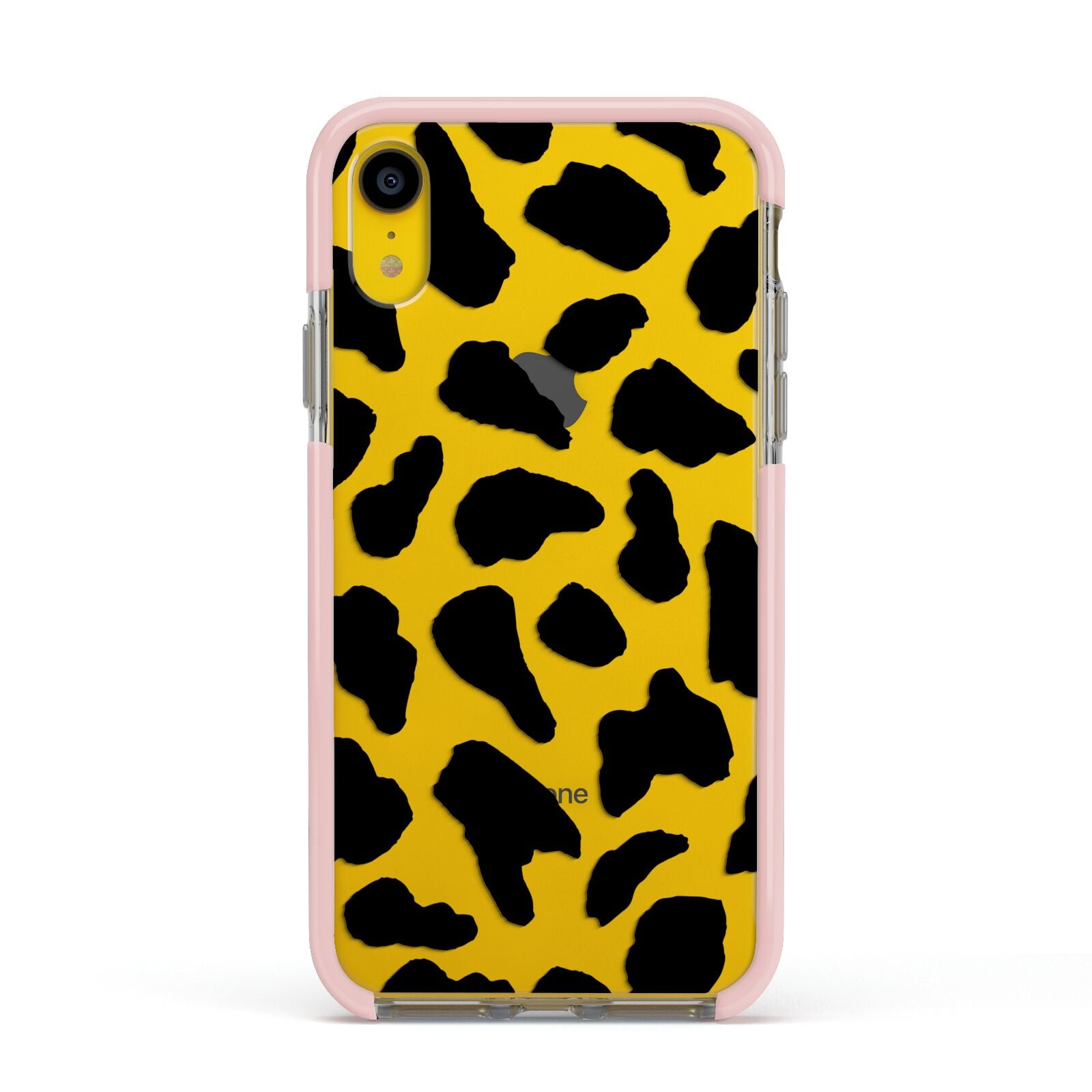 Black and White Cow Print Apple iPhone XR Impact Case Pink Edge on Yellow Phone