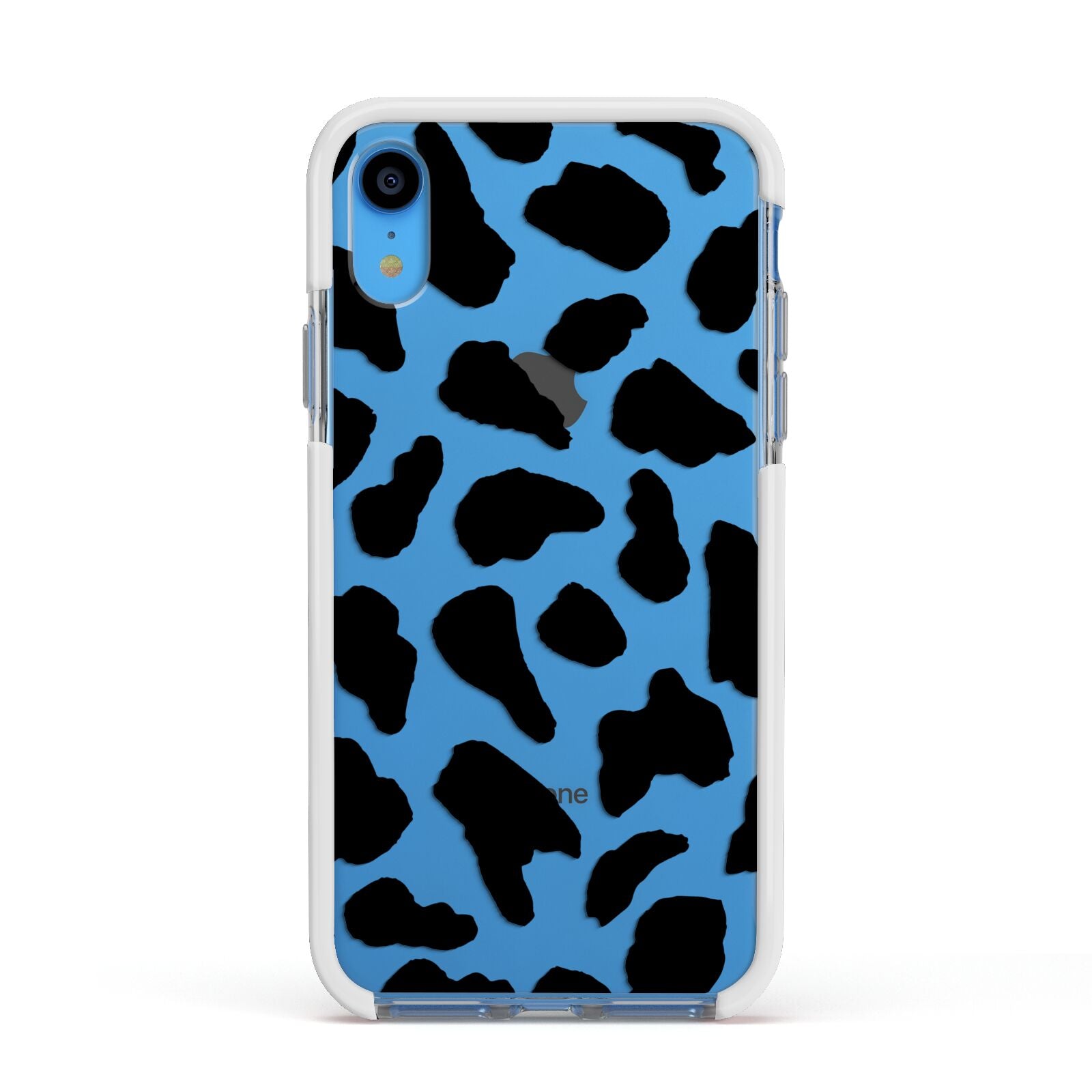 Black and White Cow Print Apple iPhone XR Impact Case White Edge on Blue Phone
