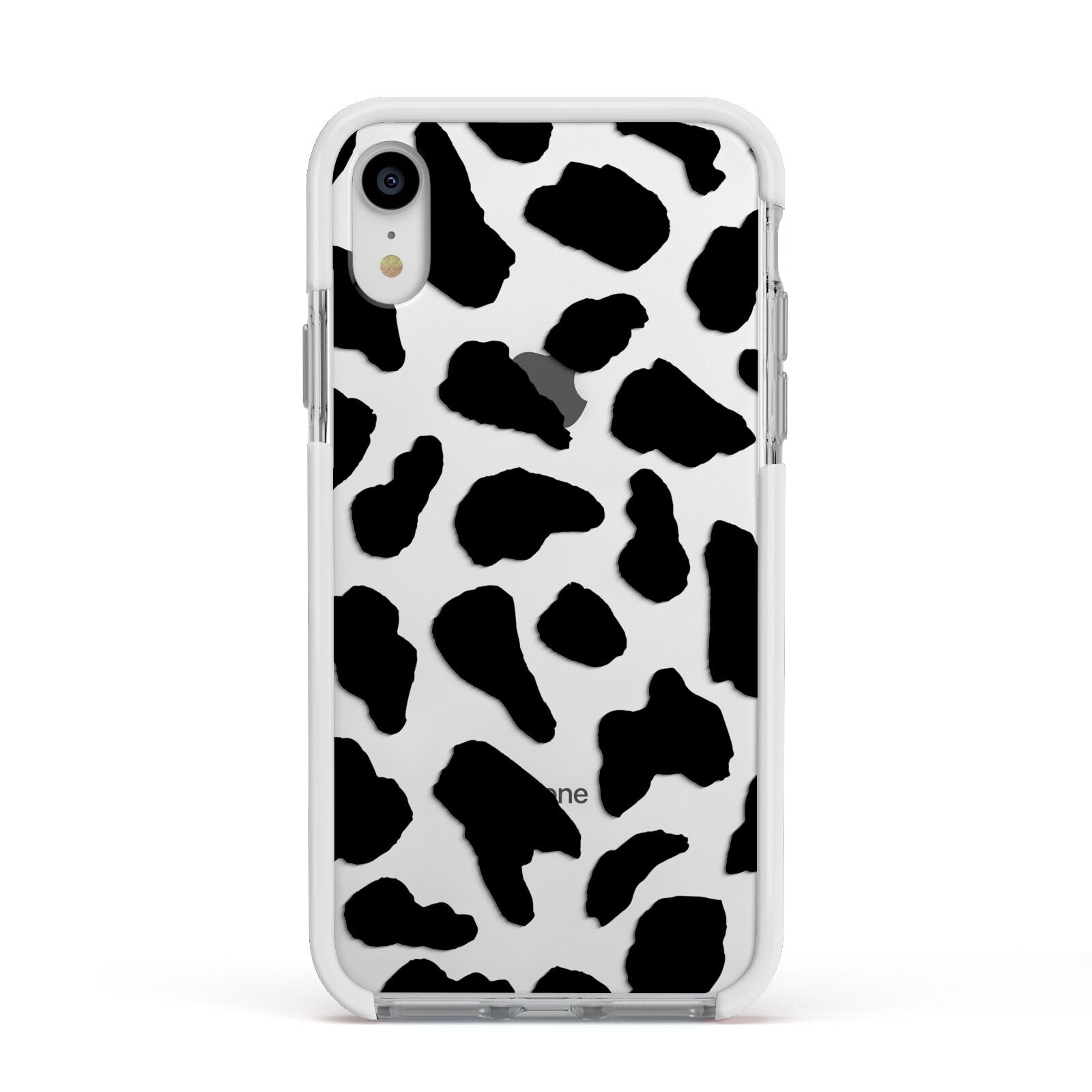 Black and White Cow Print Apple iPhone XR Impact Case White Edge on Silver Phone