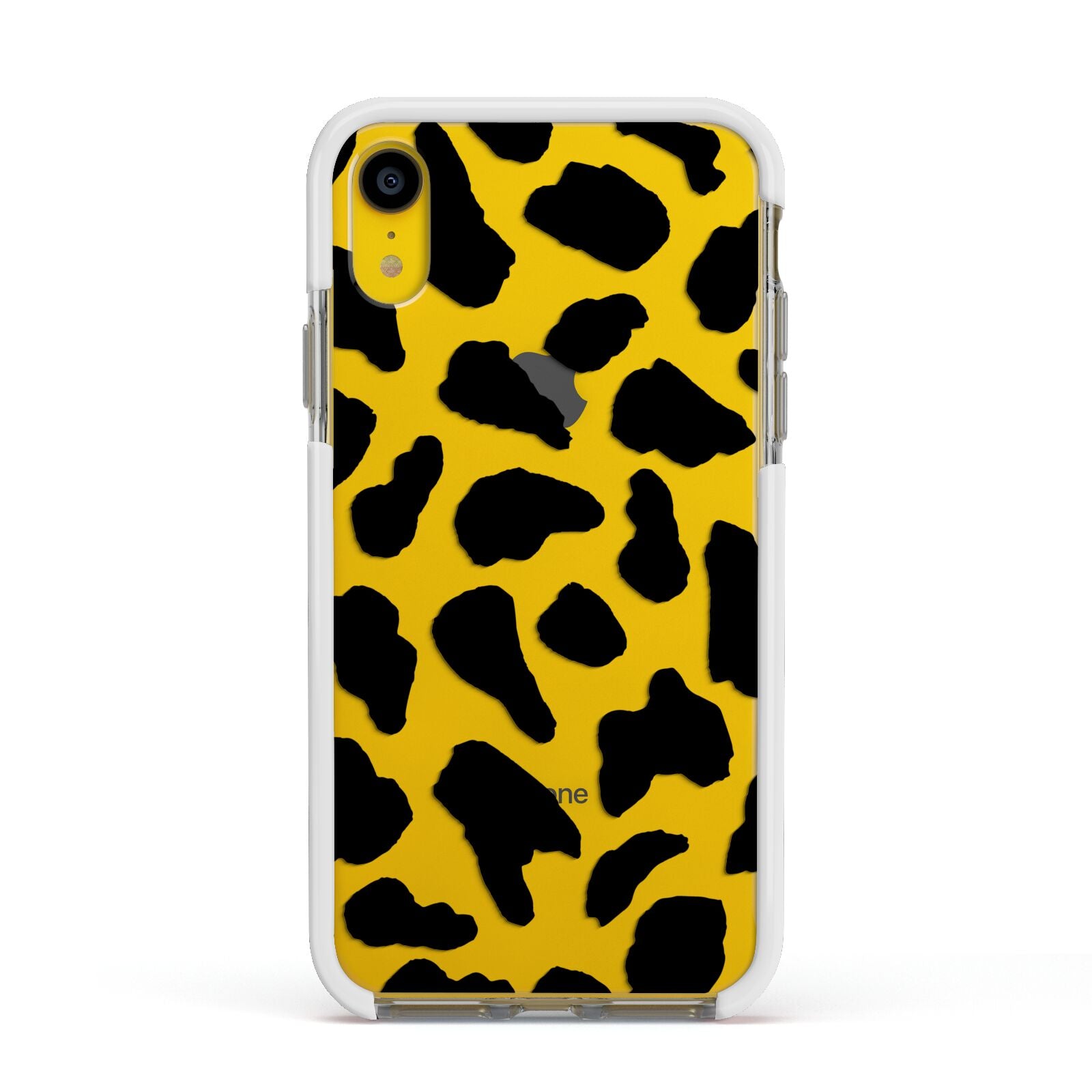 Black and White Cow Print Apple iPhone XR Impact Case White Edge on Yellow Phone