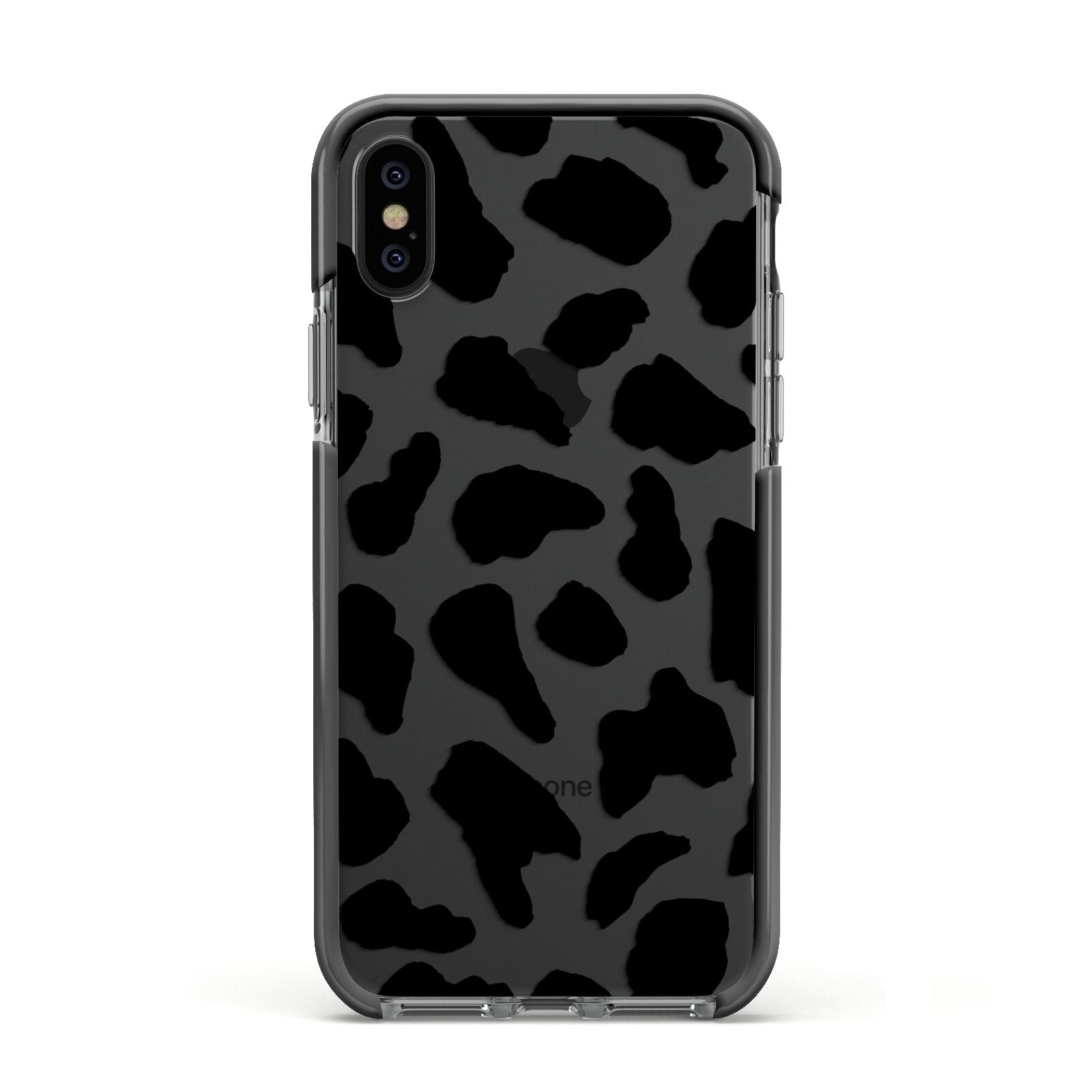 Black and White Cow Print Apple iPhone Xs Impact Case Black Edge on Black Phone