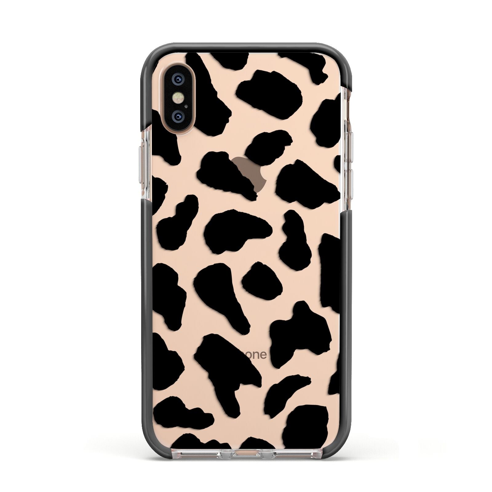 Black and White Cow Print Apple iPhone Xs Impact Case Black Edge on Gold Phone