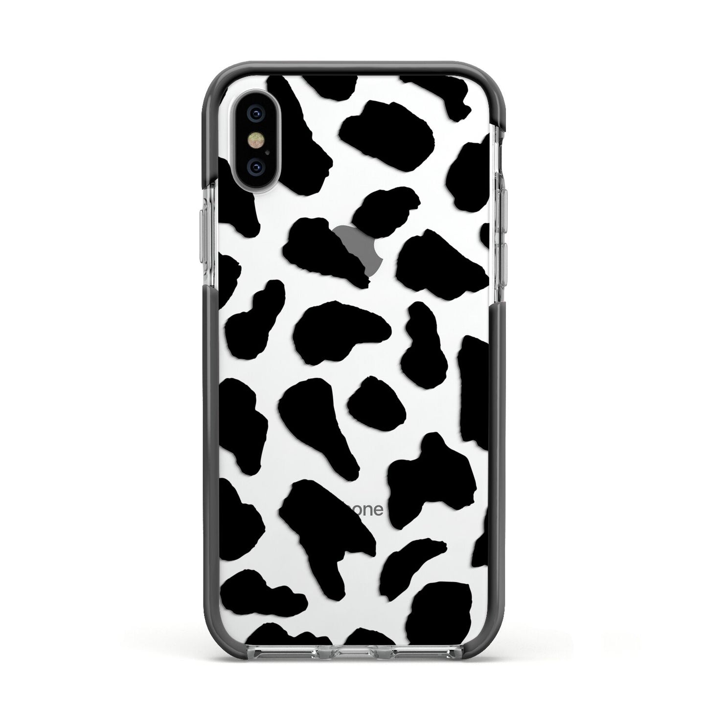 Black and White Cow Print Apple iPhone Xs Impact Case Black Edge on Silver Phone