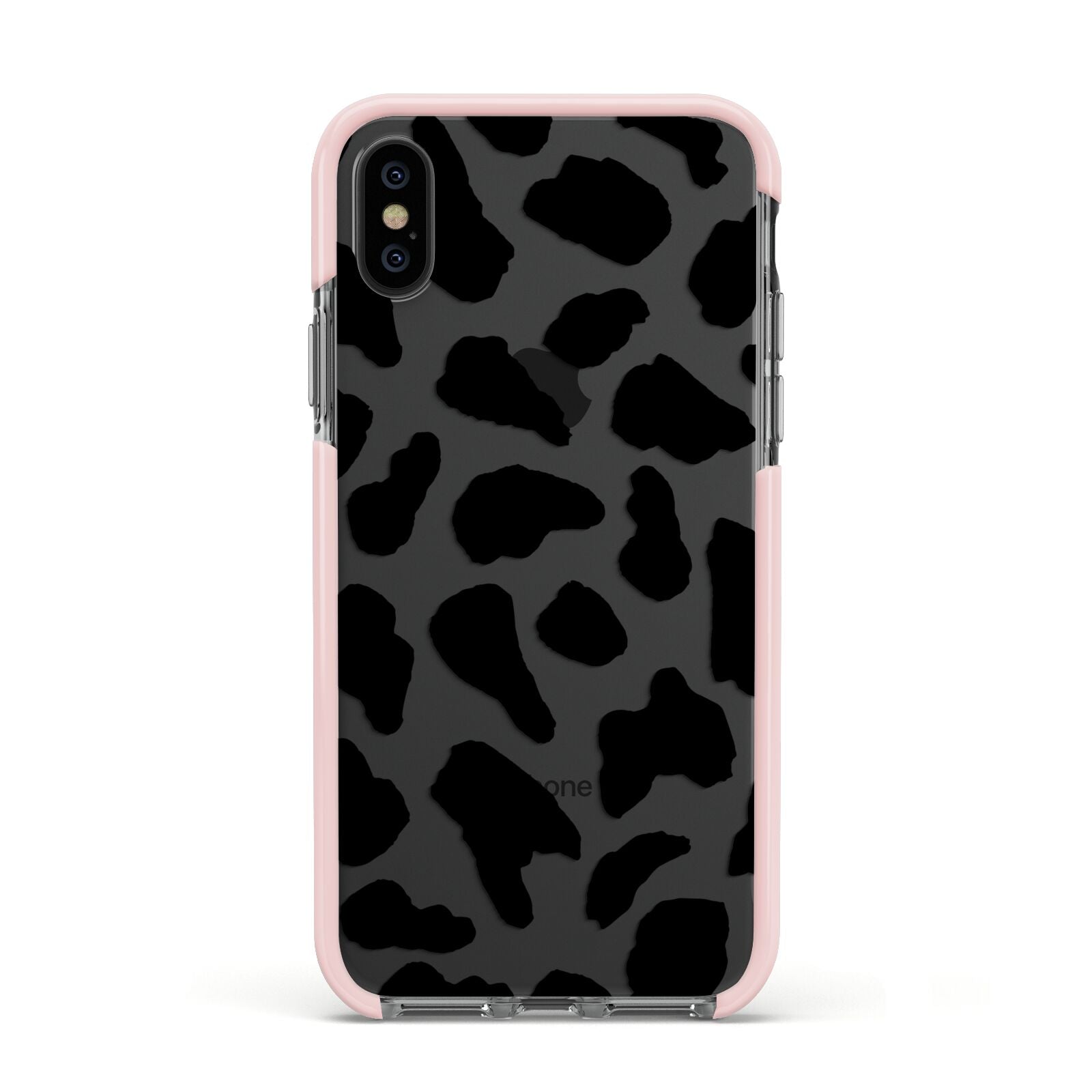 Black and White Cow Print Apple iPhone Xs Impact Case Pink Edge on Black Phone