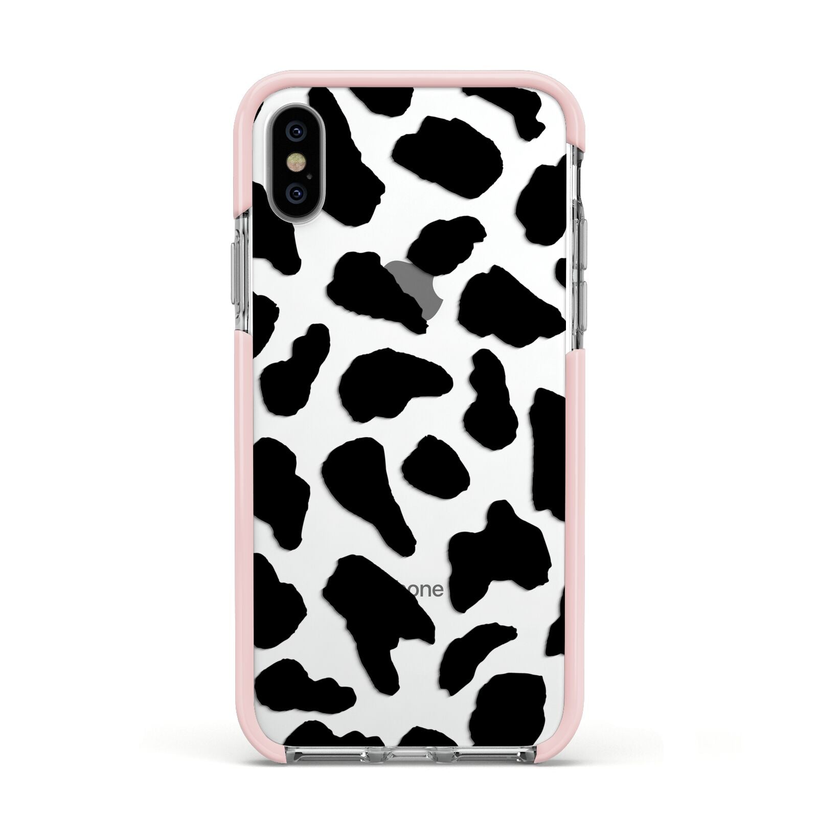 Black and White Cow Print Apple iPhone Xs Impact Case Pink Edge on Silver Phone