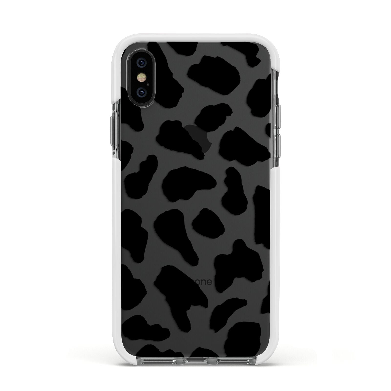 Black and White Cow Print Apple iPhone Xs Impact Case White Edge on Black Phone