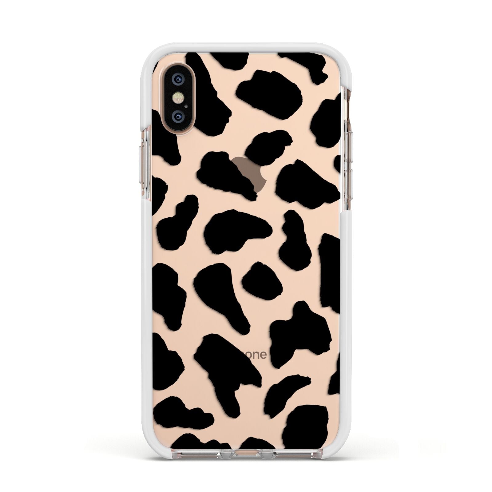 Black and White Cow Print Apple iPhone Xs Impact Case White Edge on Gold Phone