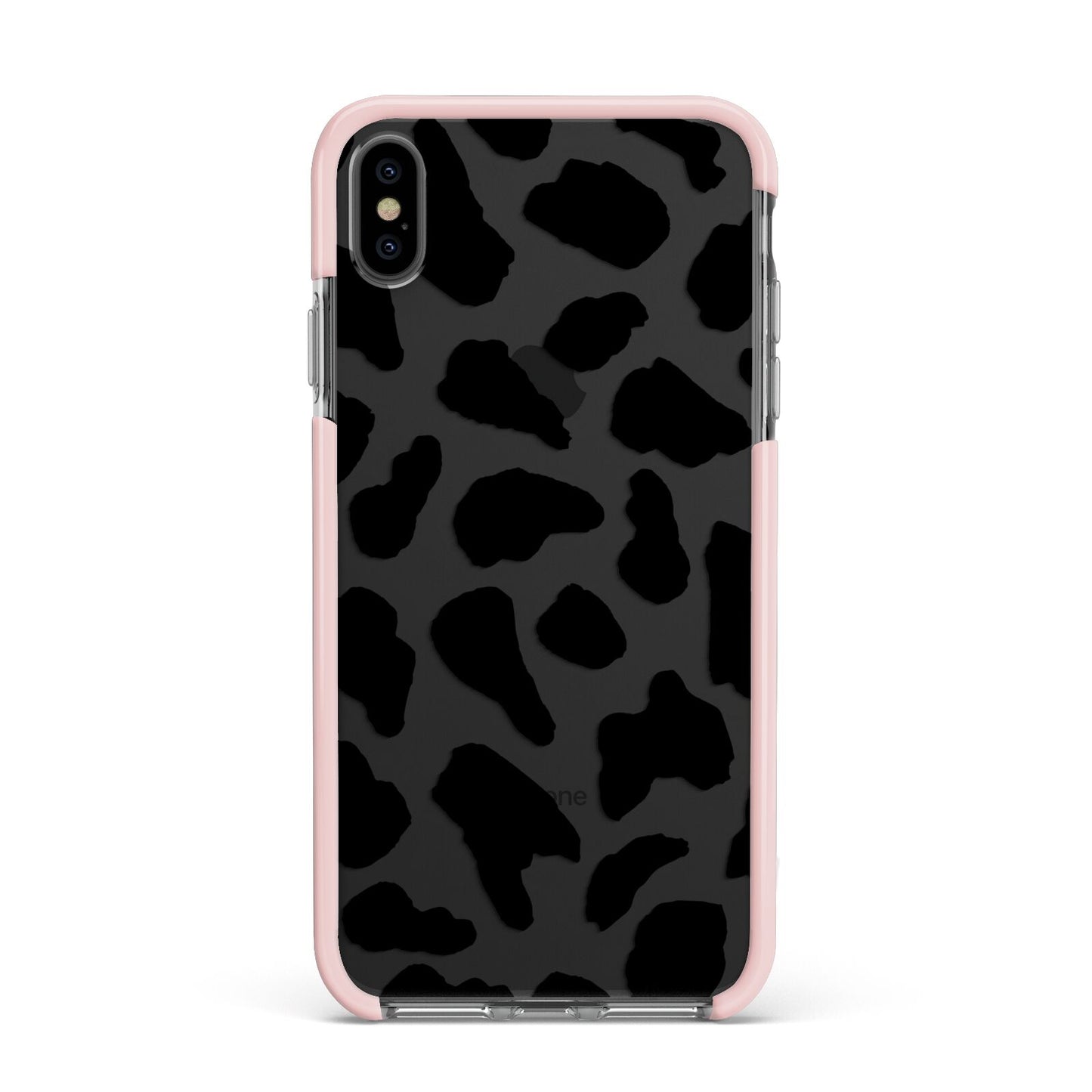 Black and White Cow Print Apple iPhone Xs Max Impact Case Pink Edge on Black Phone