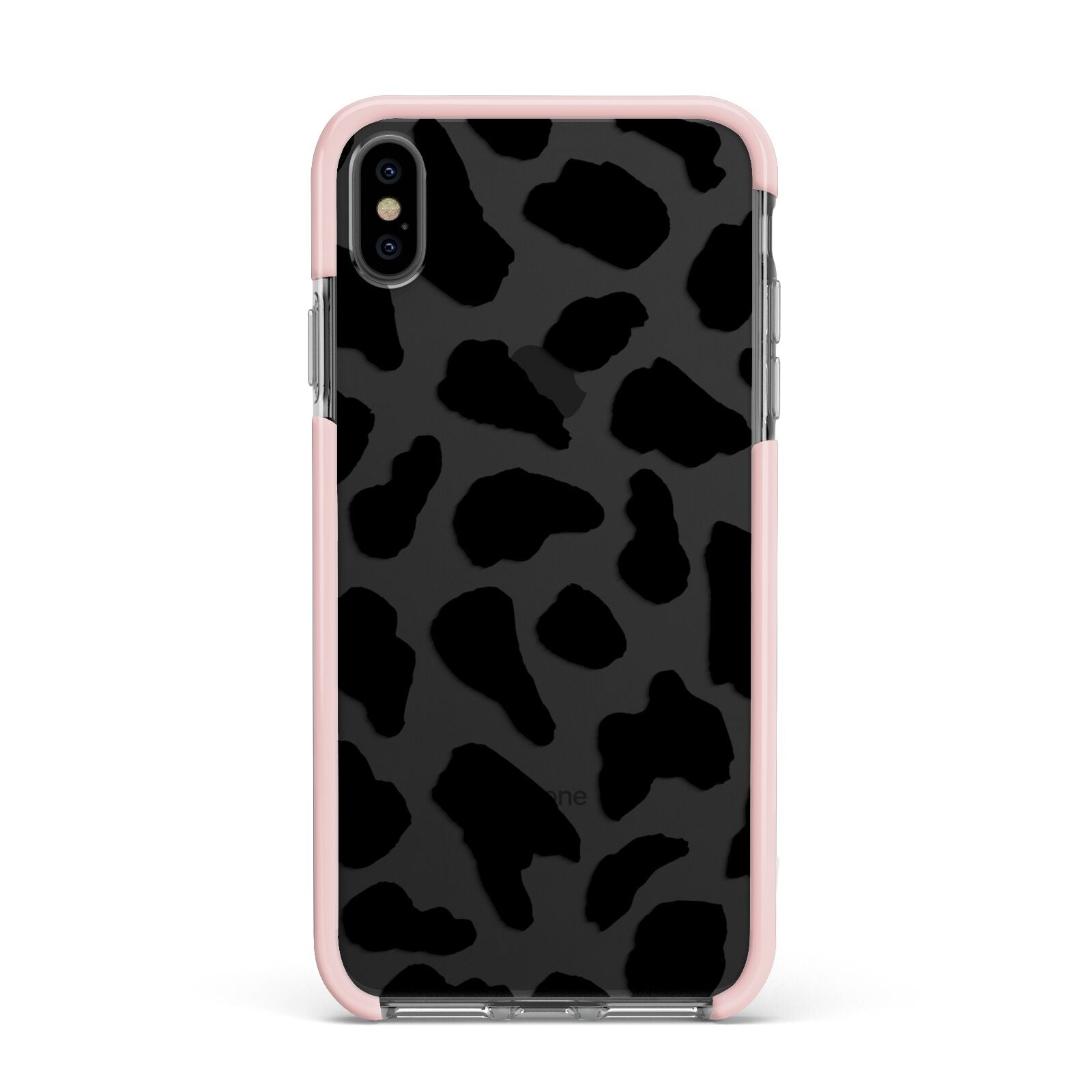Black and White Cow Print Apple iPhone Xs Max Impact Case Pink Edge on Black Phone