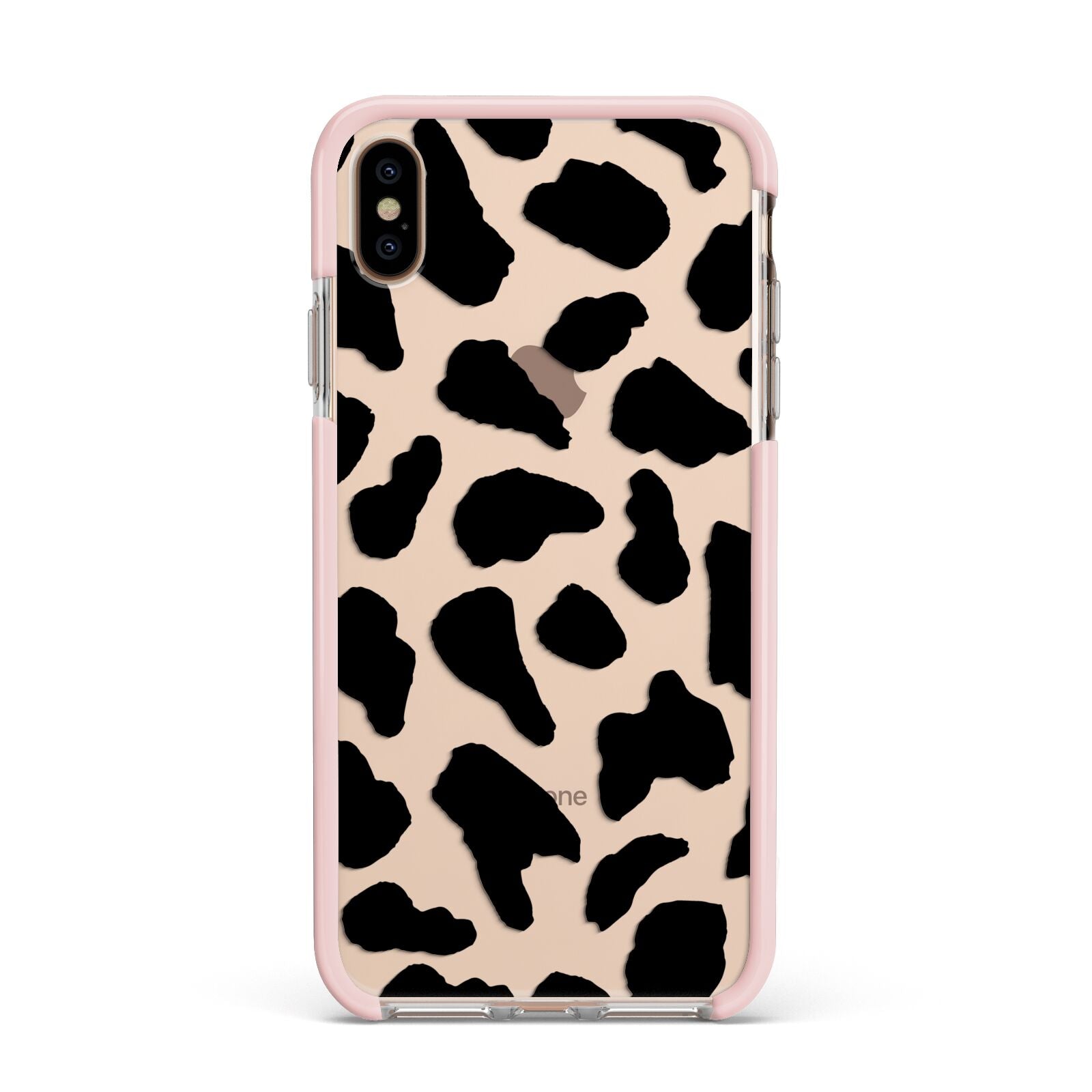 Black and White Cow Print Apple iPhone Xs Max Impact Case Pink Edge on Gold Phone