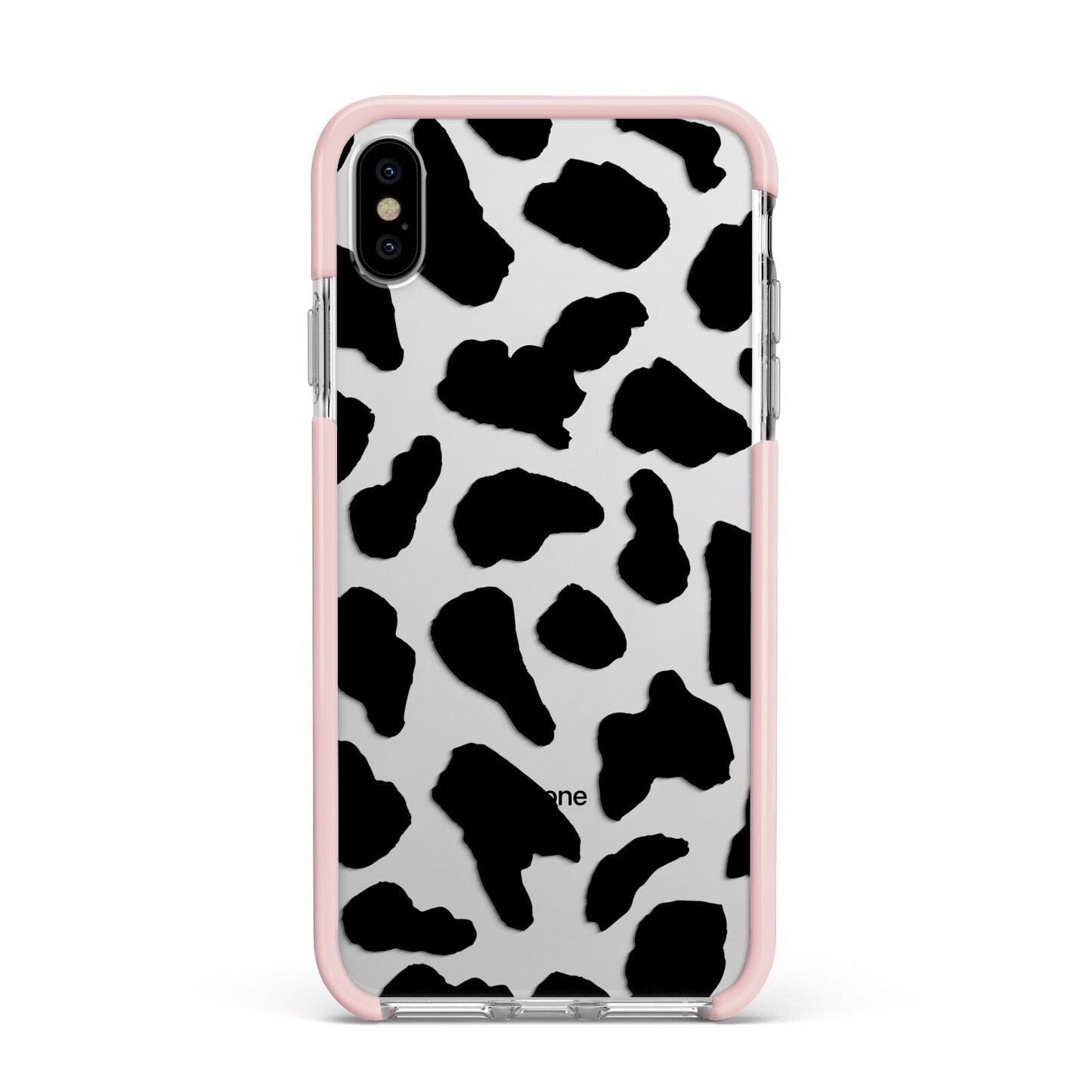Black and White Cow Print Apple iPhone Xs Max Impact Case Pink Edge on Silver Phone