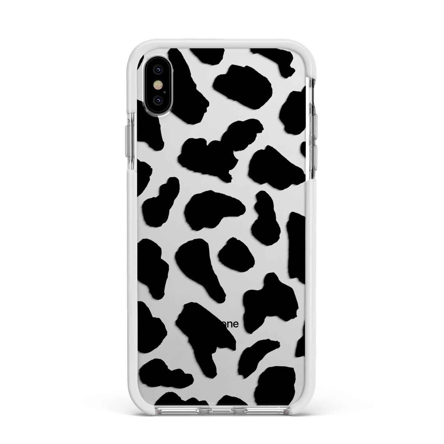 Black and White Cow Print Apple iPhone Xs Max Impact Case White Edge on Silver Phone