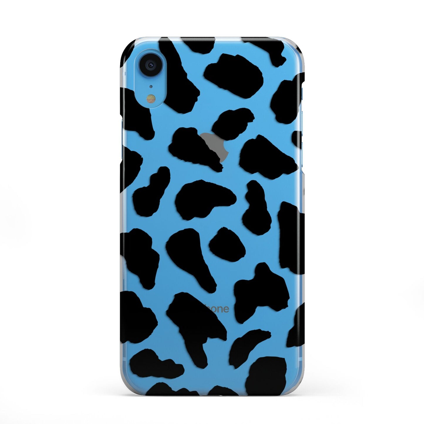 Black and White Cow Print iPhone XR 2D Snap Case on Blue Phone