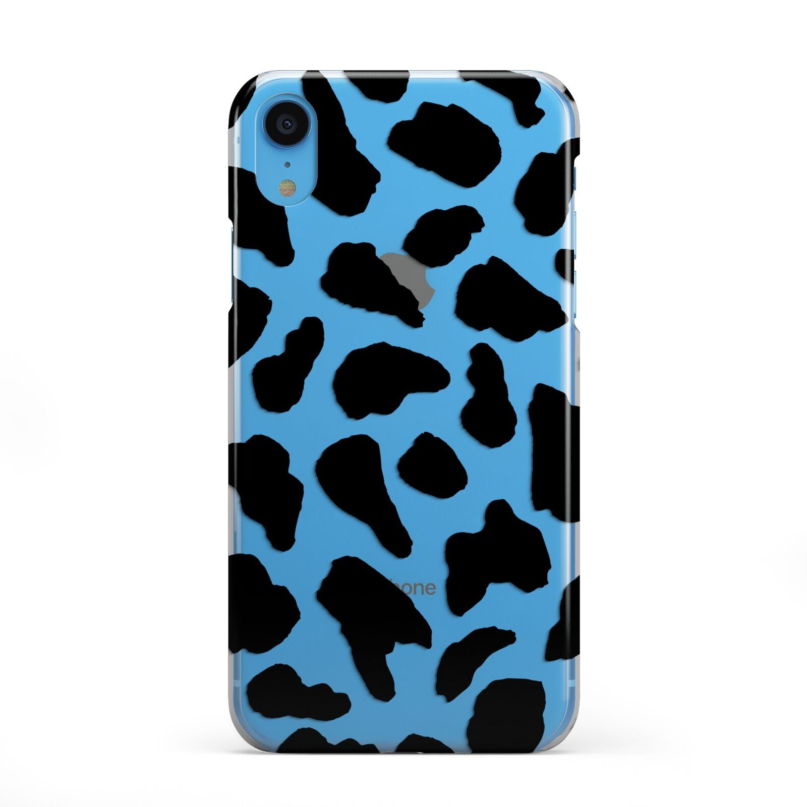 Black and White Cow Print iPhone XR 2D Snap Case on Blue Phone