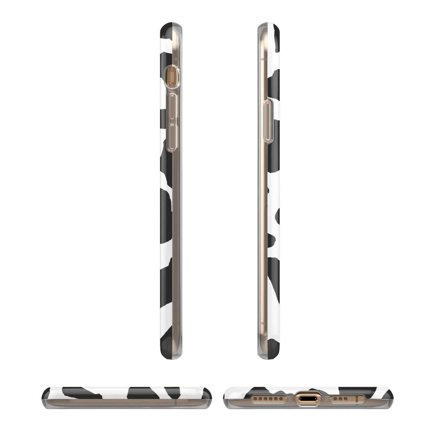 Black and White Cow Print iPhone XS 3D Tough Case in Gold Angled Images