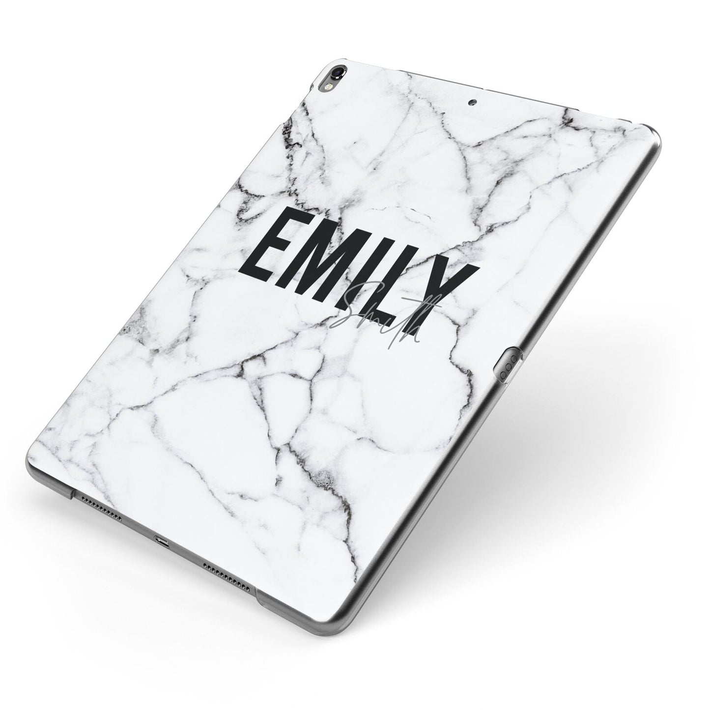 Black and White Personalised Marble Block Text Apple iPad Case on Grey iPad Side View