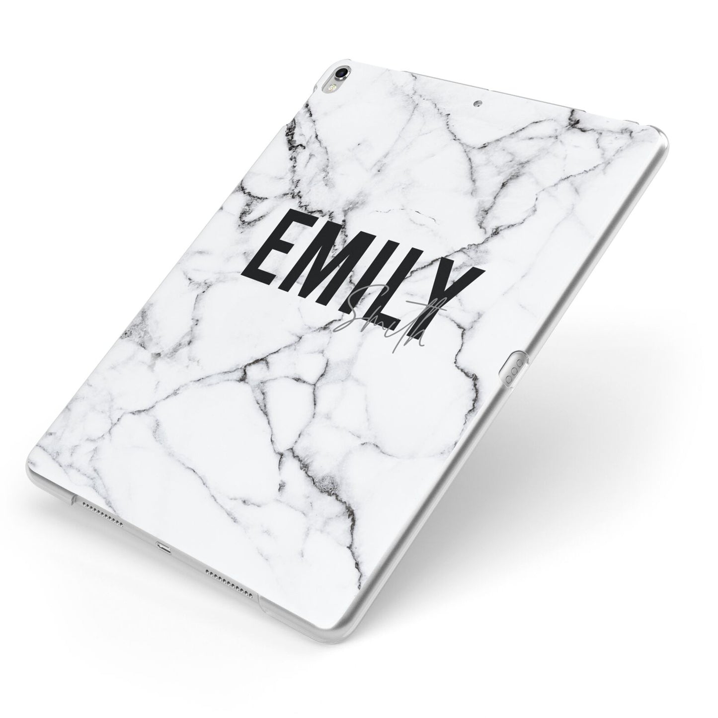 Black and White Personalised Marble Block Text Apple iPad Case on Silver iPad Side View