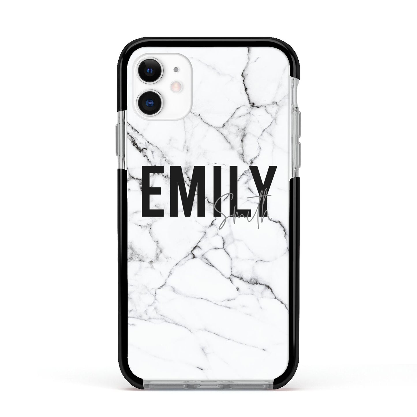 Black and White Personalised Marble Block Text Apple iPhone 11 in White with Black Impact Case