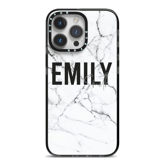 Black and White Personalised Marble Block Text iPhone 14 Pro Max Black Impact Case on Silver phone