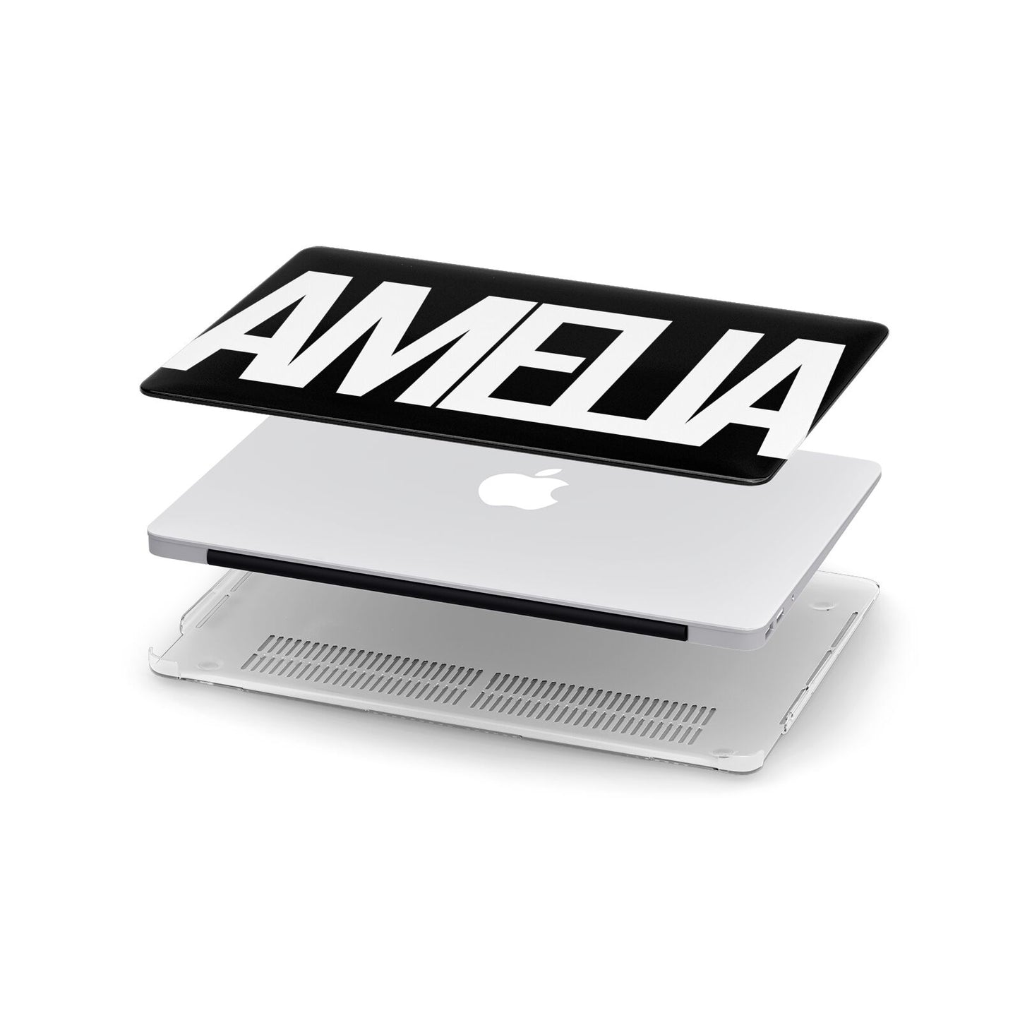 Black with Bold White Name Apple MacBook Case in Detail