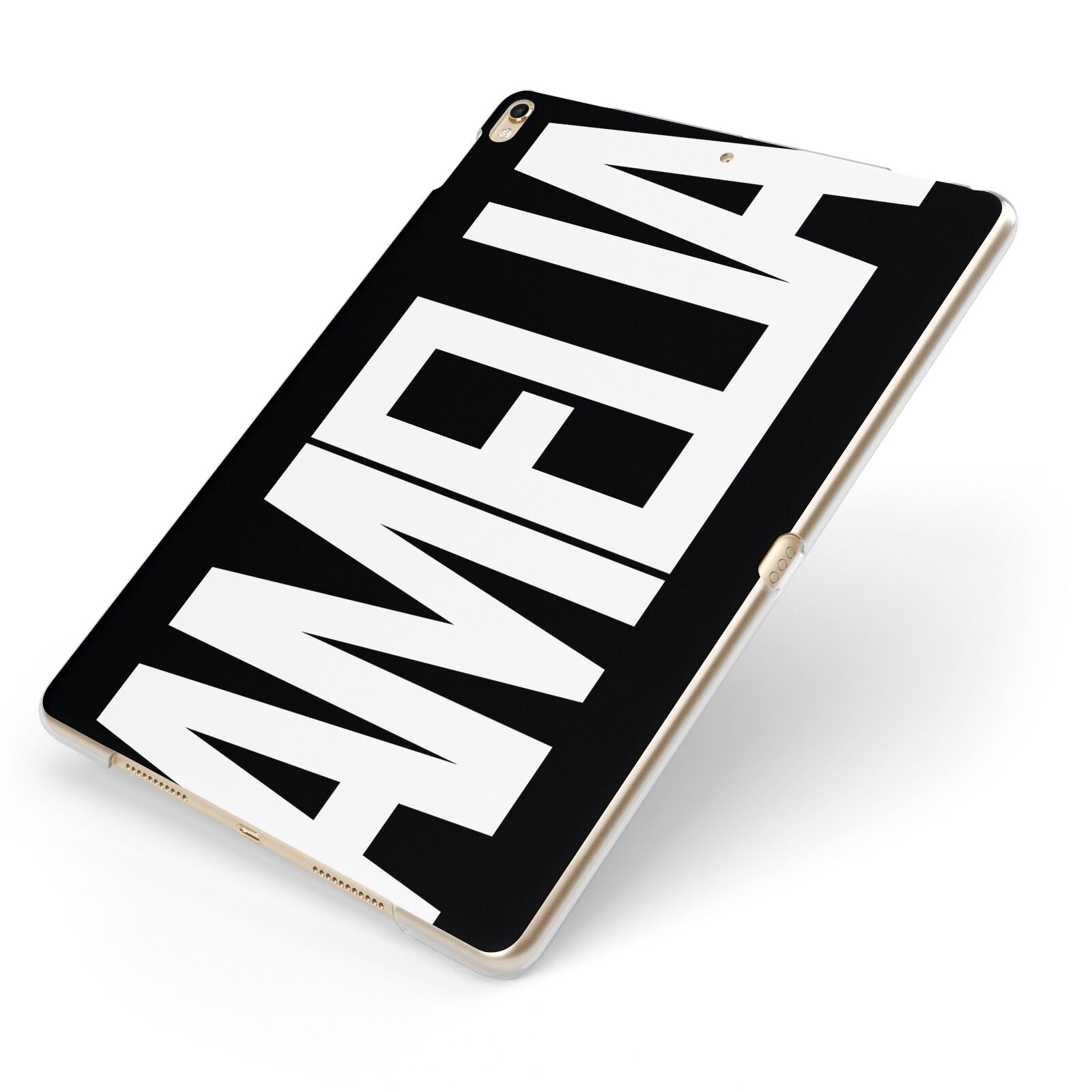 Black with Bold White Name Apple iPad Case on Gold iPad Side View