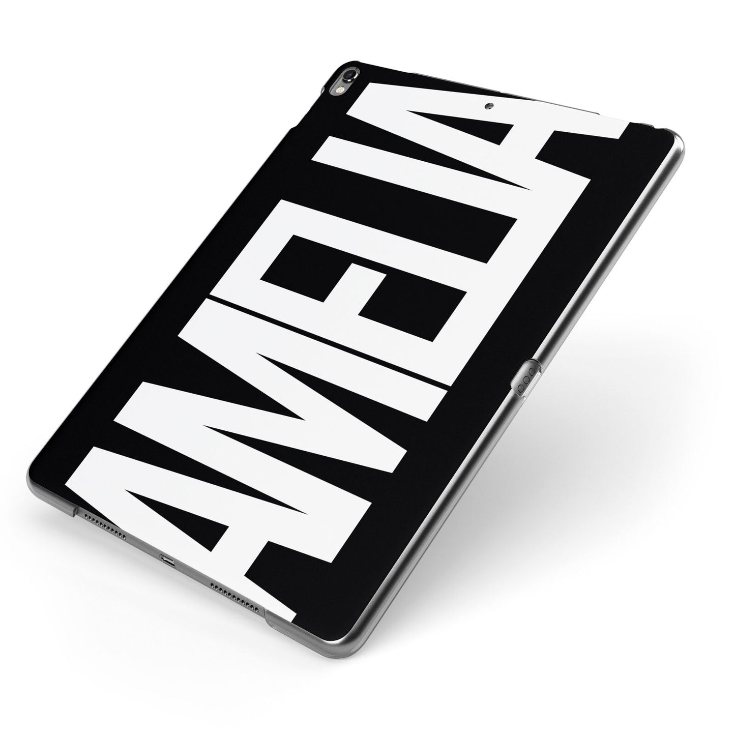 Black with Bold White Name Apple iPad Case on Grey iPad Side View