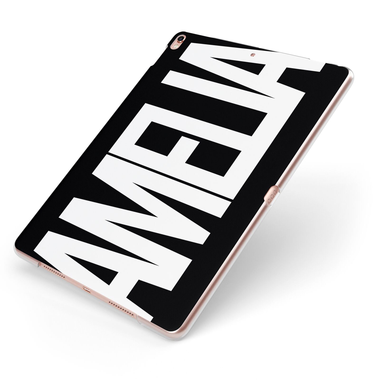 Black with Bold White Name Apple iPad Case on Rose Gold iPad Side View
