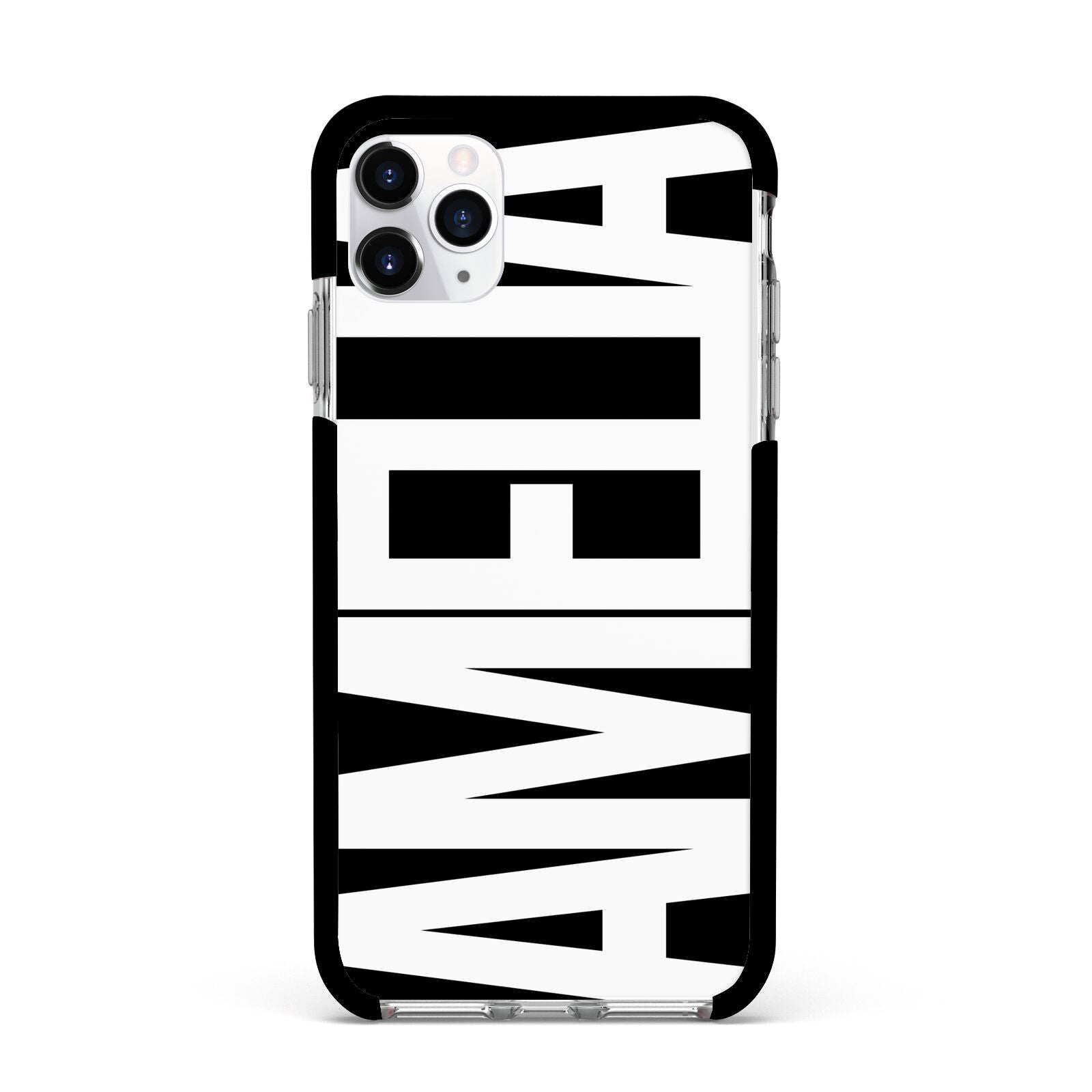 Black with Bold White Name Apple iPhone 11 Pro Max in Silver with Black Impact Case