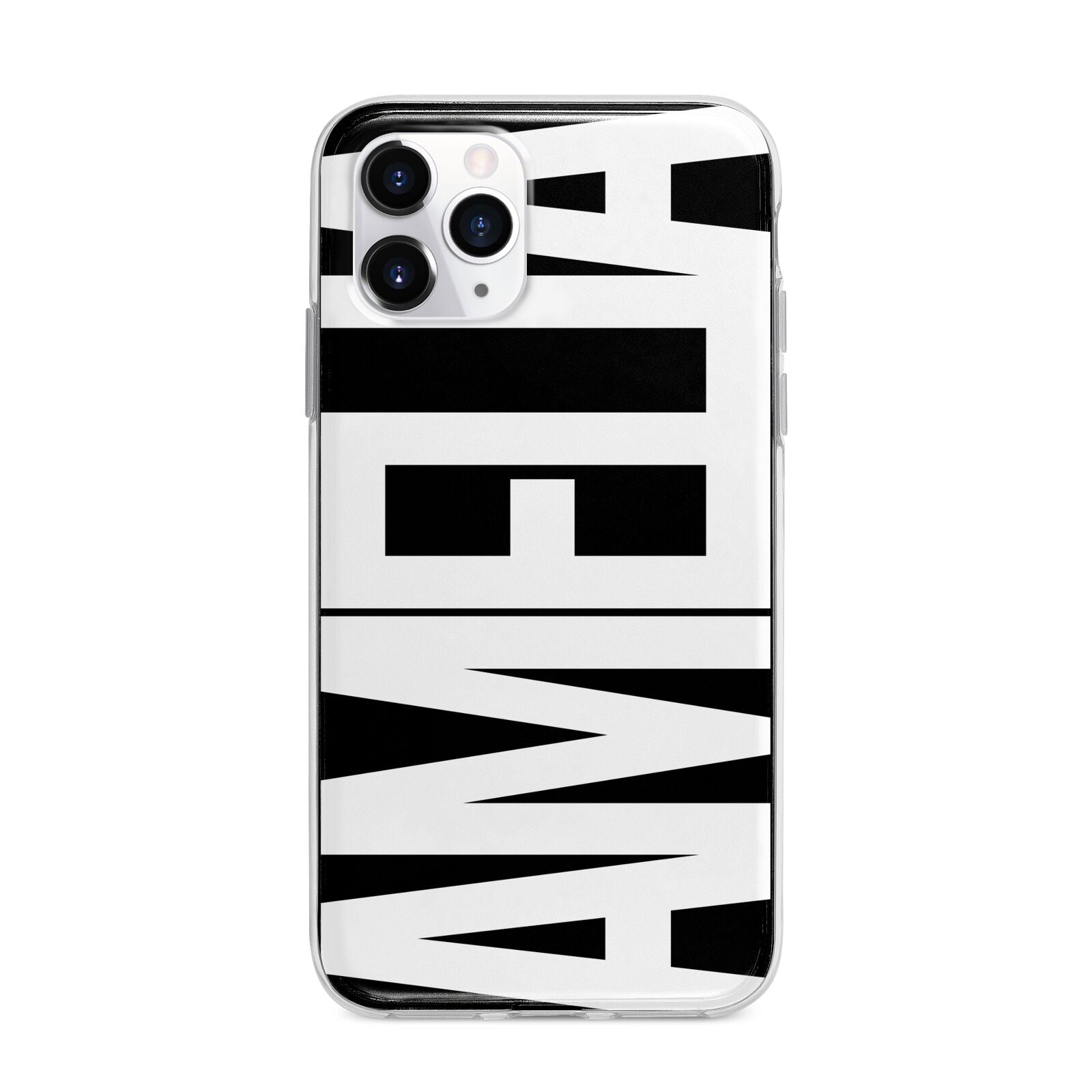Black with Bold White Name Apple iPhone 11 Pro Max in Silver with Bumper Case