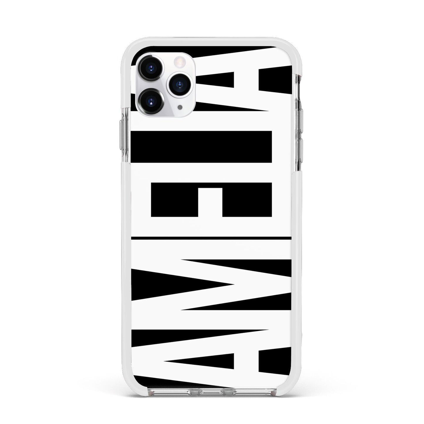 Black with Bold White Name Apple iPhone 11 Pro Max in Silver with White Impact Case