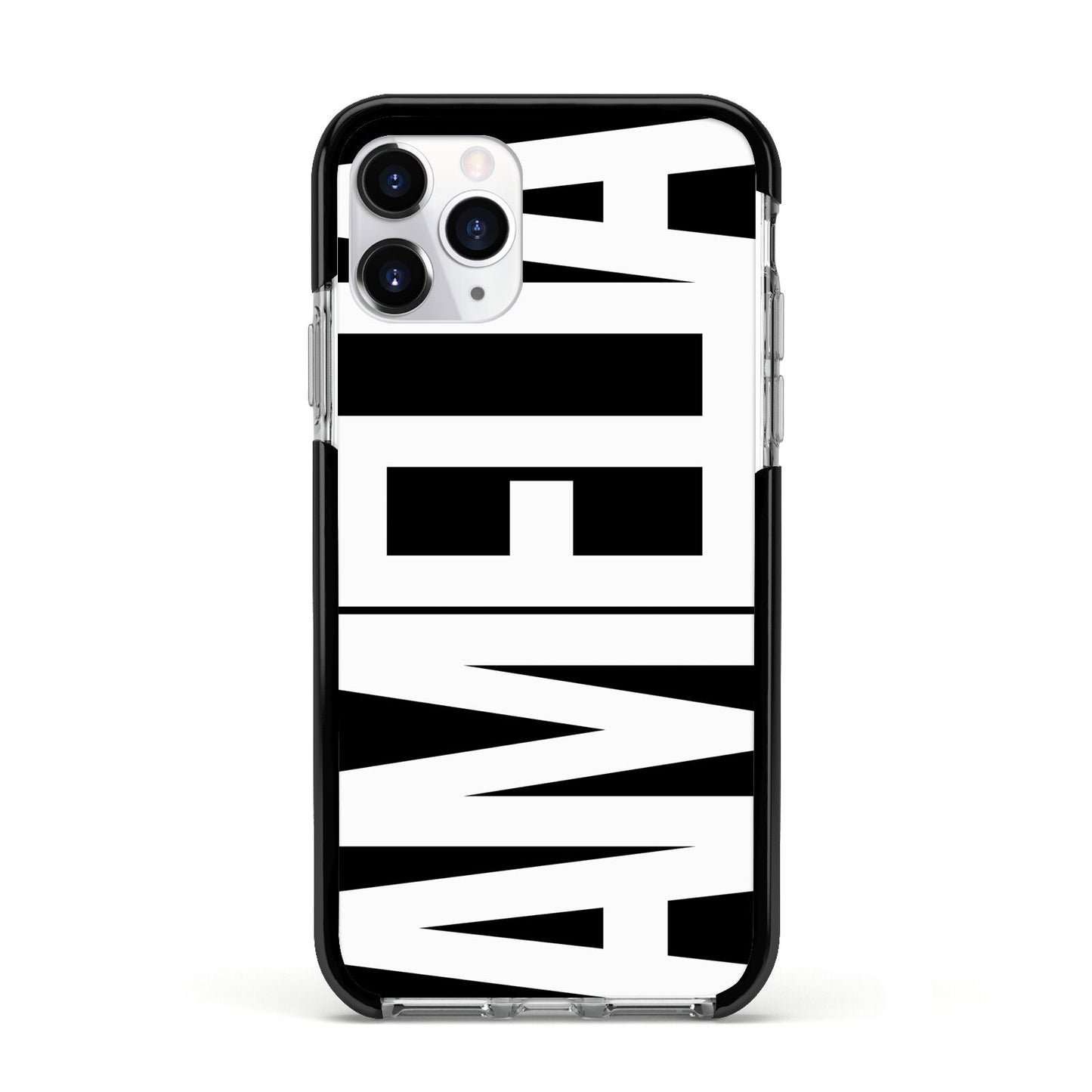 Black with Bold White Name Apple iPhone 11 Pro in Silver with Black Impact Case