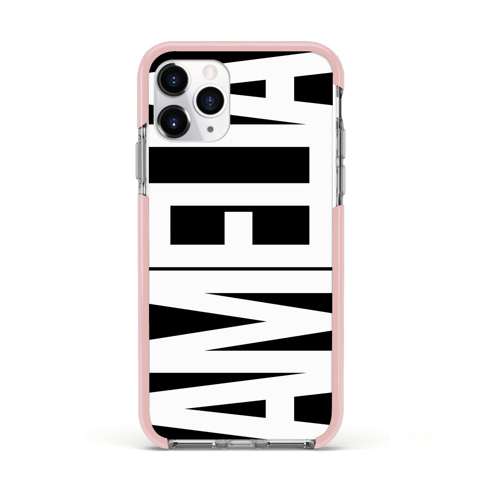 Black with Bold White Name Apple iPhone 11 Pro in Silver with Pink Impact Case
