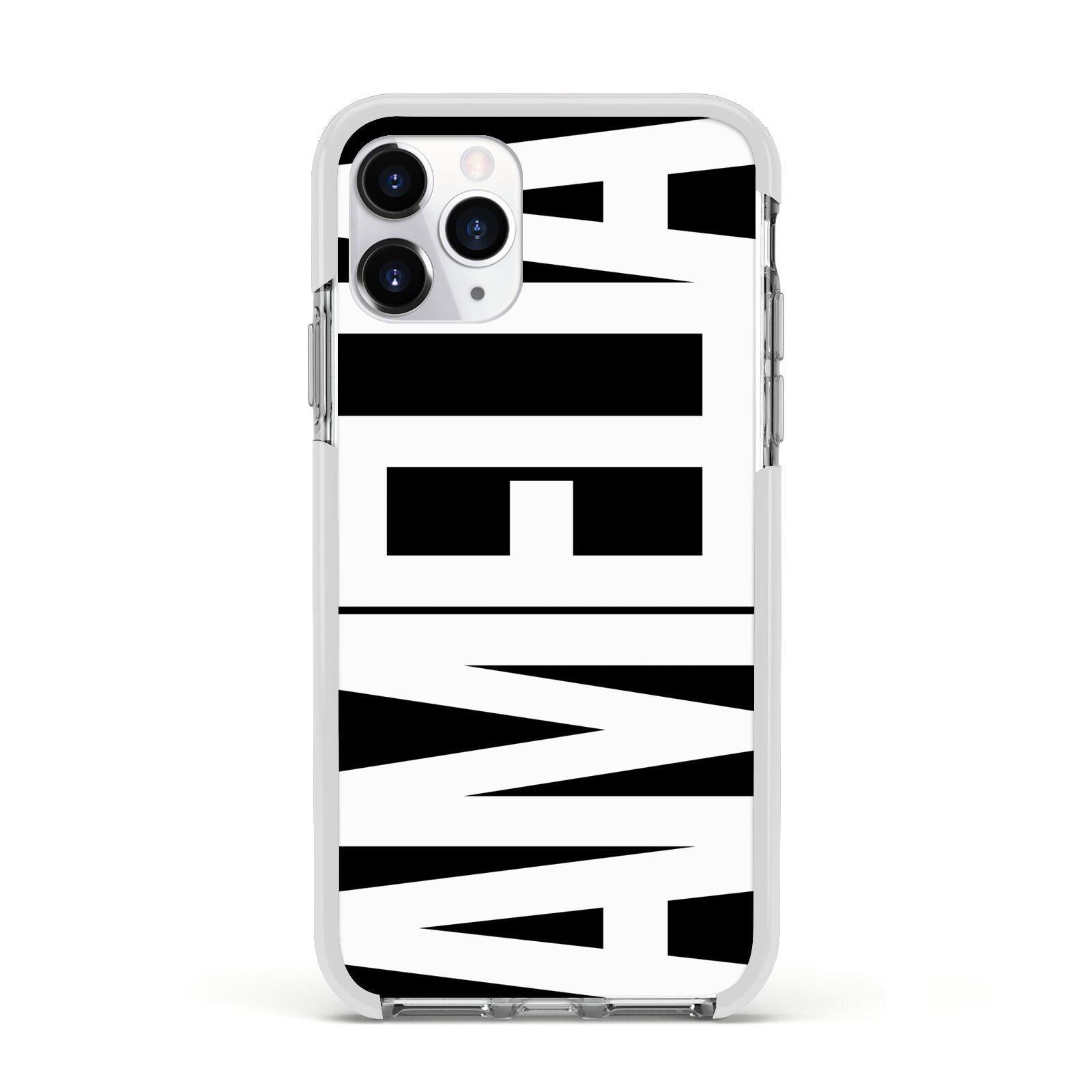 Black with Bold White Name Apple iPhone 11 Pro in Silver with White Impact Case
