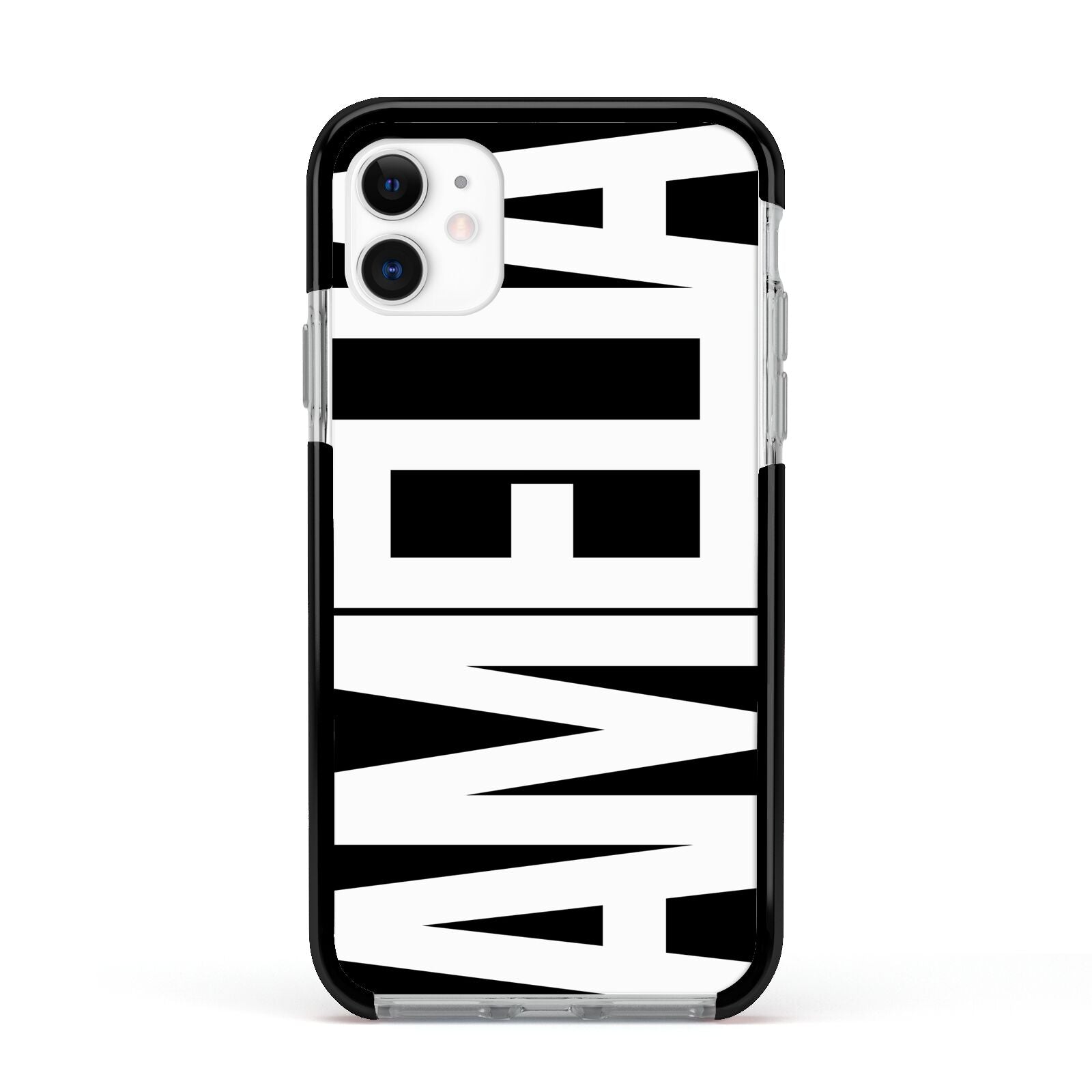 Black with Bold White Name Apple iPhone 11 in White with Black Impact Case