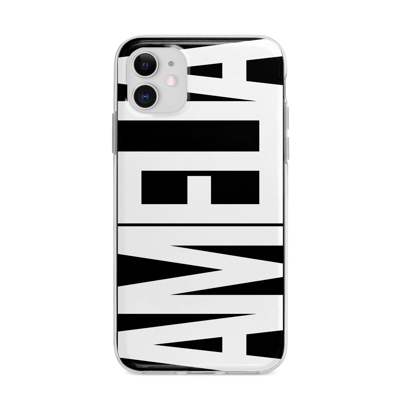 Black with Bold White Name Apple iPhone 11 in White with Bumper Case