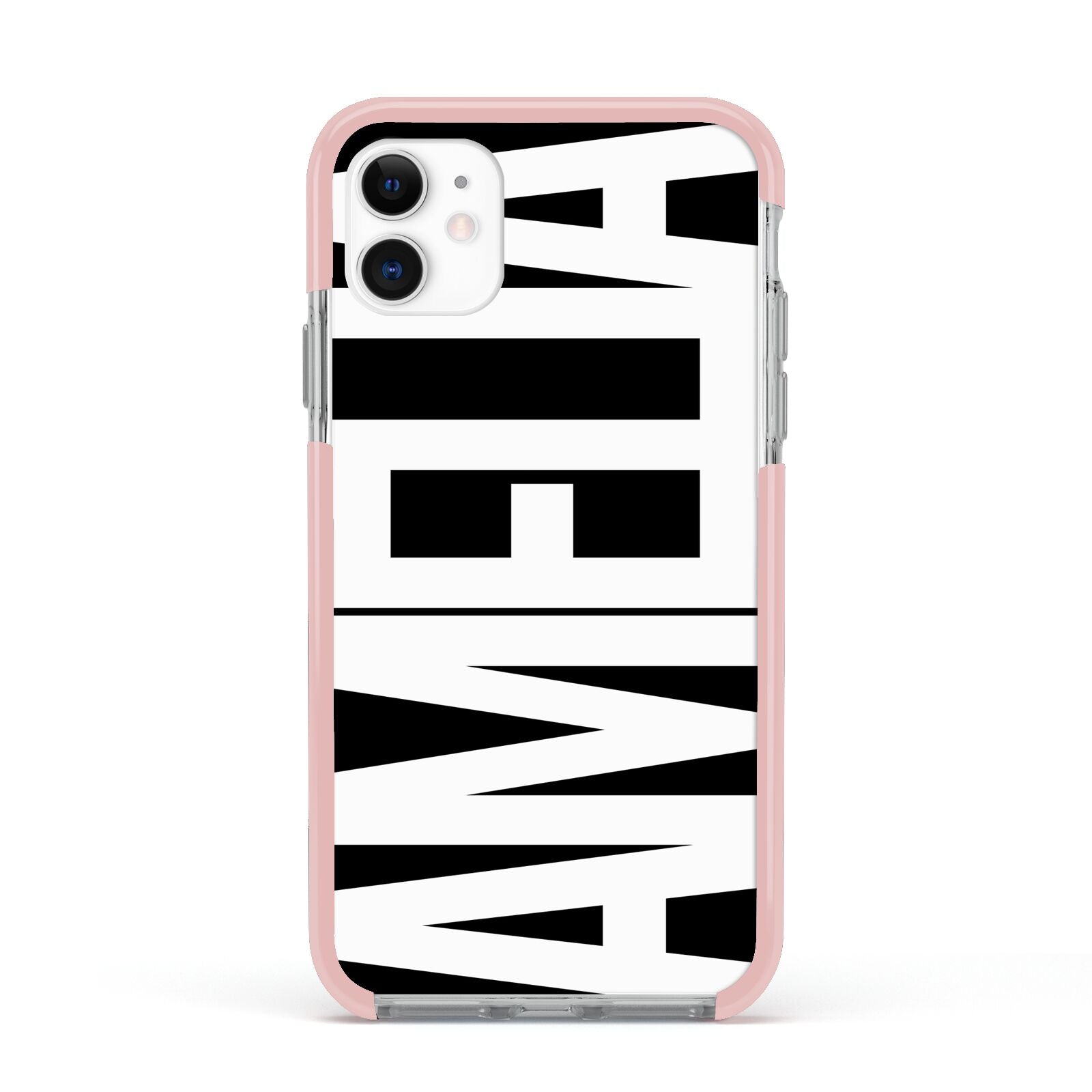 Black with Bold White Name Apple iPhone 11 in White with Pink Impact Case