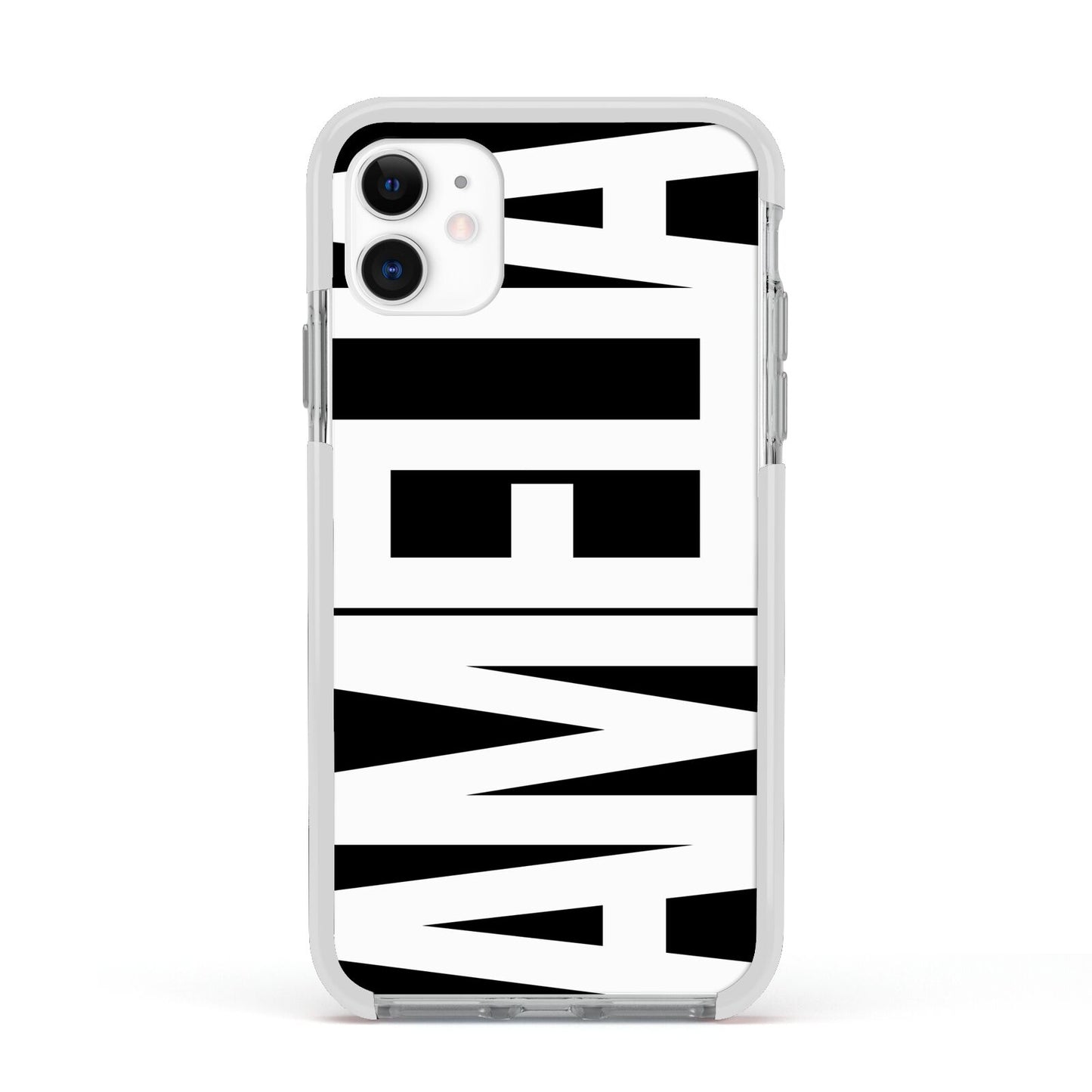 Black with Bold White Name Apple iPhone 11 in White with White Impact Case