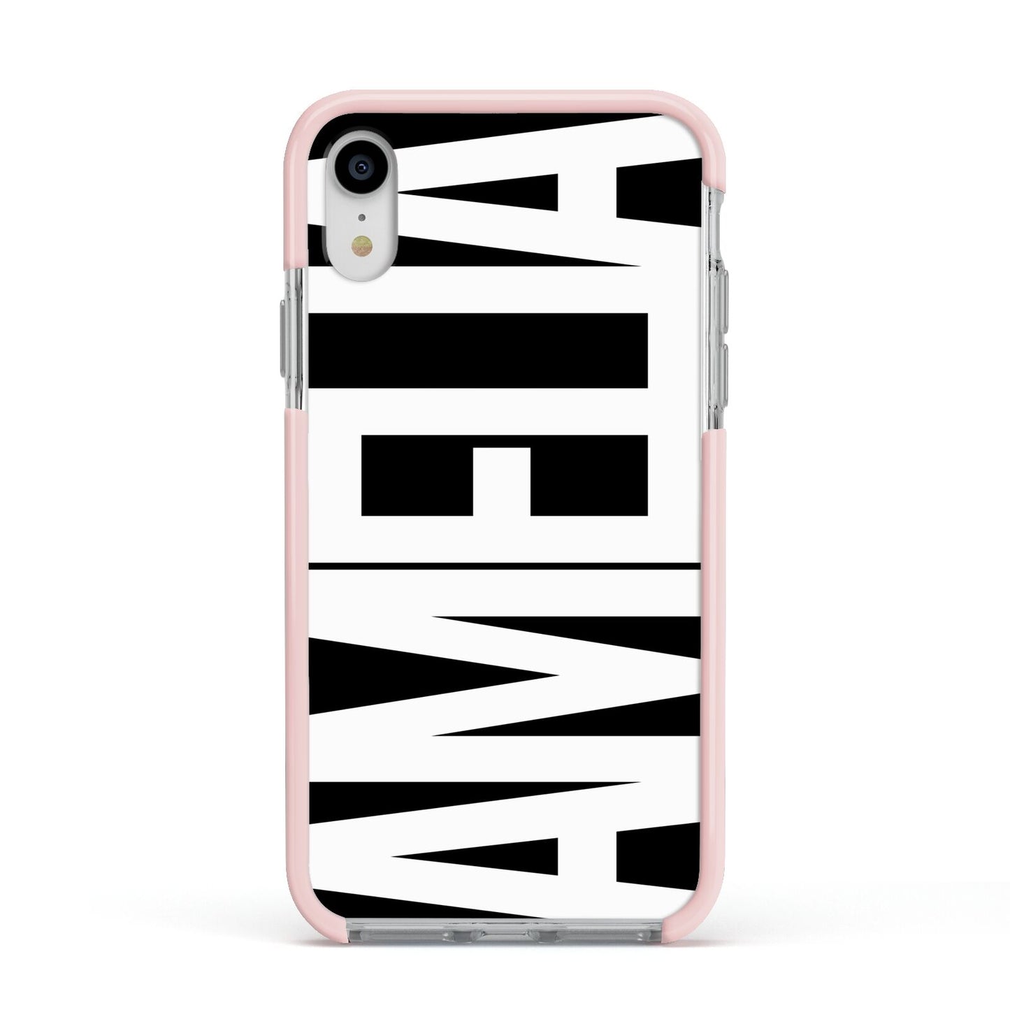 Black with Bold White Name Apple iPhone XR Impact Case Pink Edge on Silver Phone