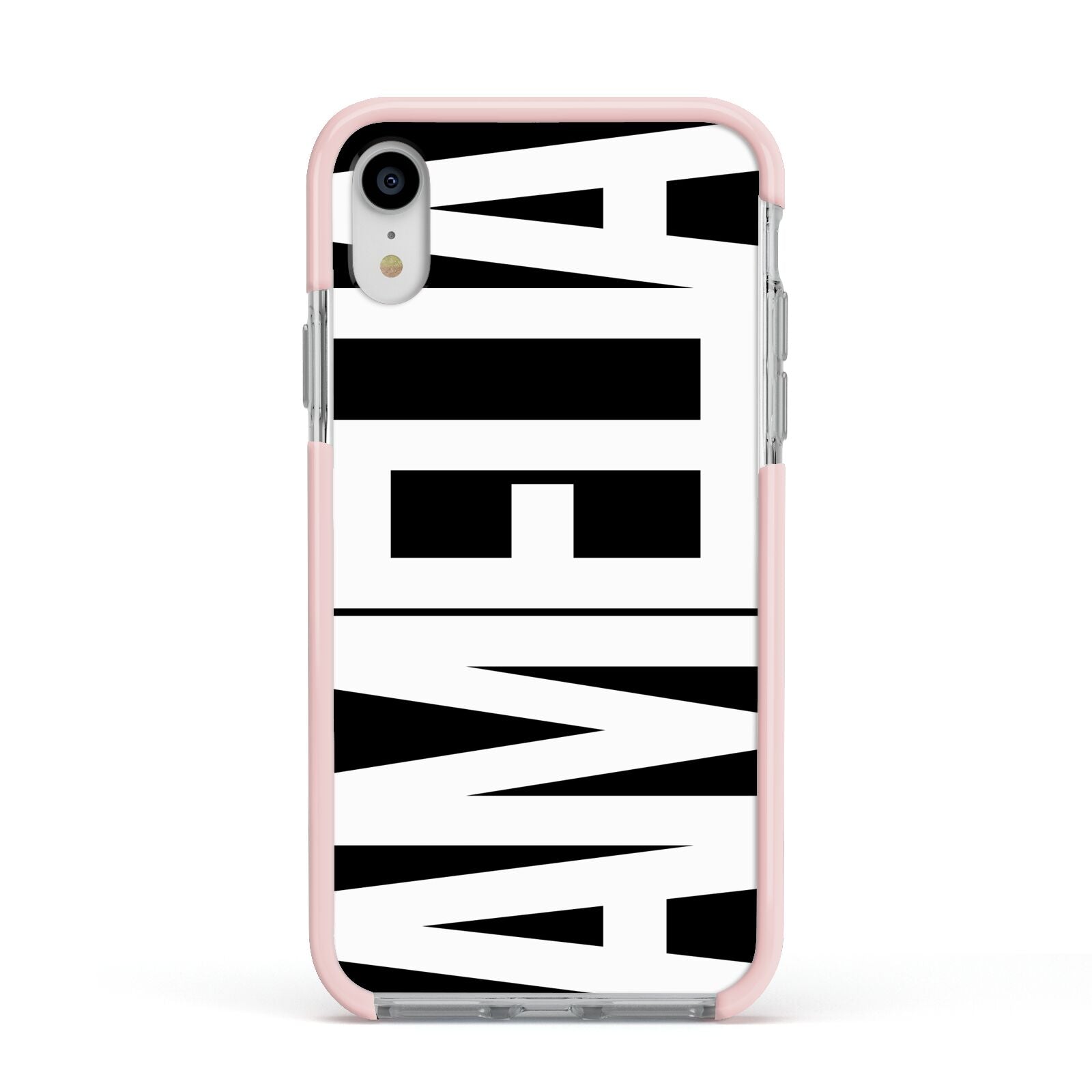 Black with Bold White Name Apple iPhone XR Impact Case Pink Edge on Silver Phone