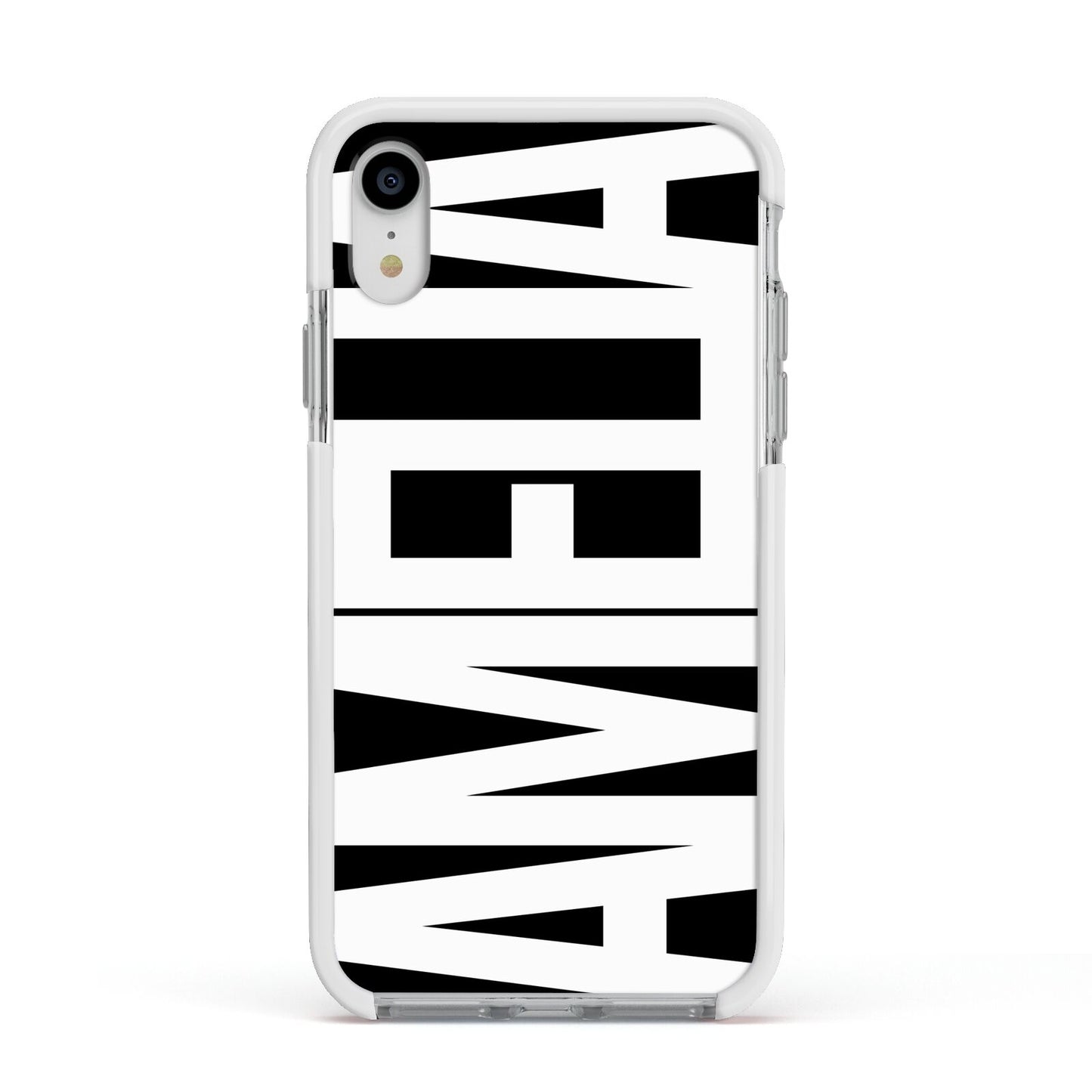 Black with Bold White Name Apple iPhone XR Impact Case White Edge on Silver Phone