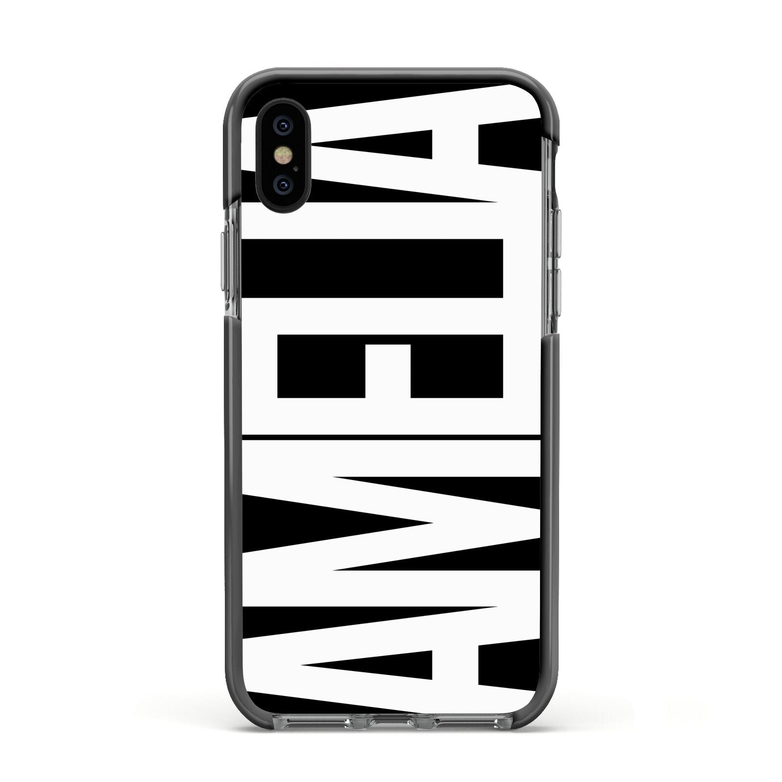 Black with Bold White Name Apple iPhone Xs Impact Case Black Edge on Black Phone