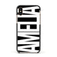 Black with Bold White Name Apple iPhone Xs Impact Case Black Edge on Gold Phone
