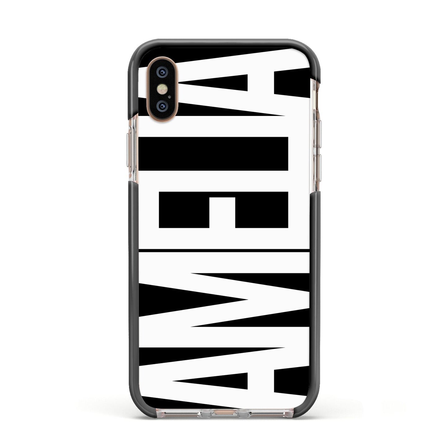 Black with Bold White Name Apple iPhone Xs Impact Case Black Edge on Gold Phone