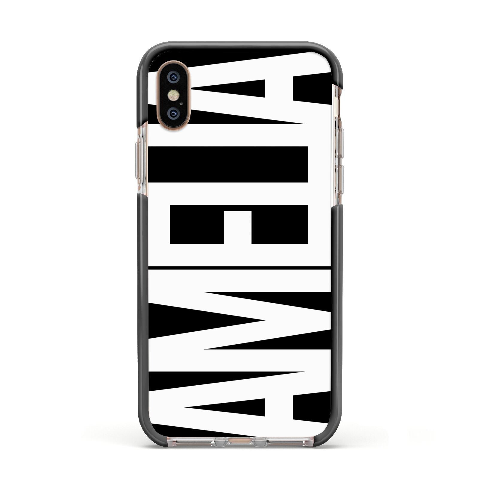 Black with Bold White Name Apple iPhone Xs Impact Case Black Edge on Gold Phone